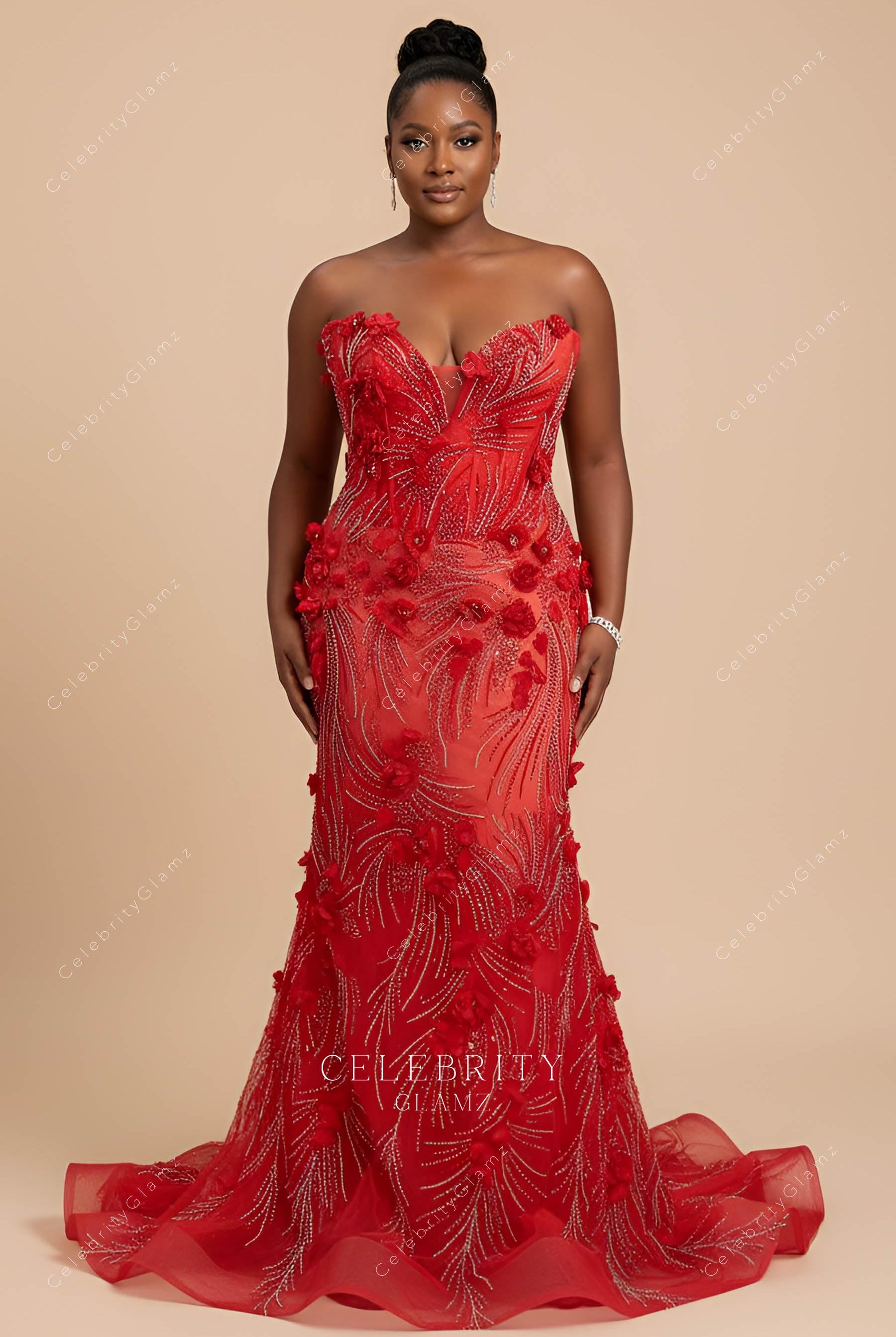 plus size strapless red prom dress