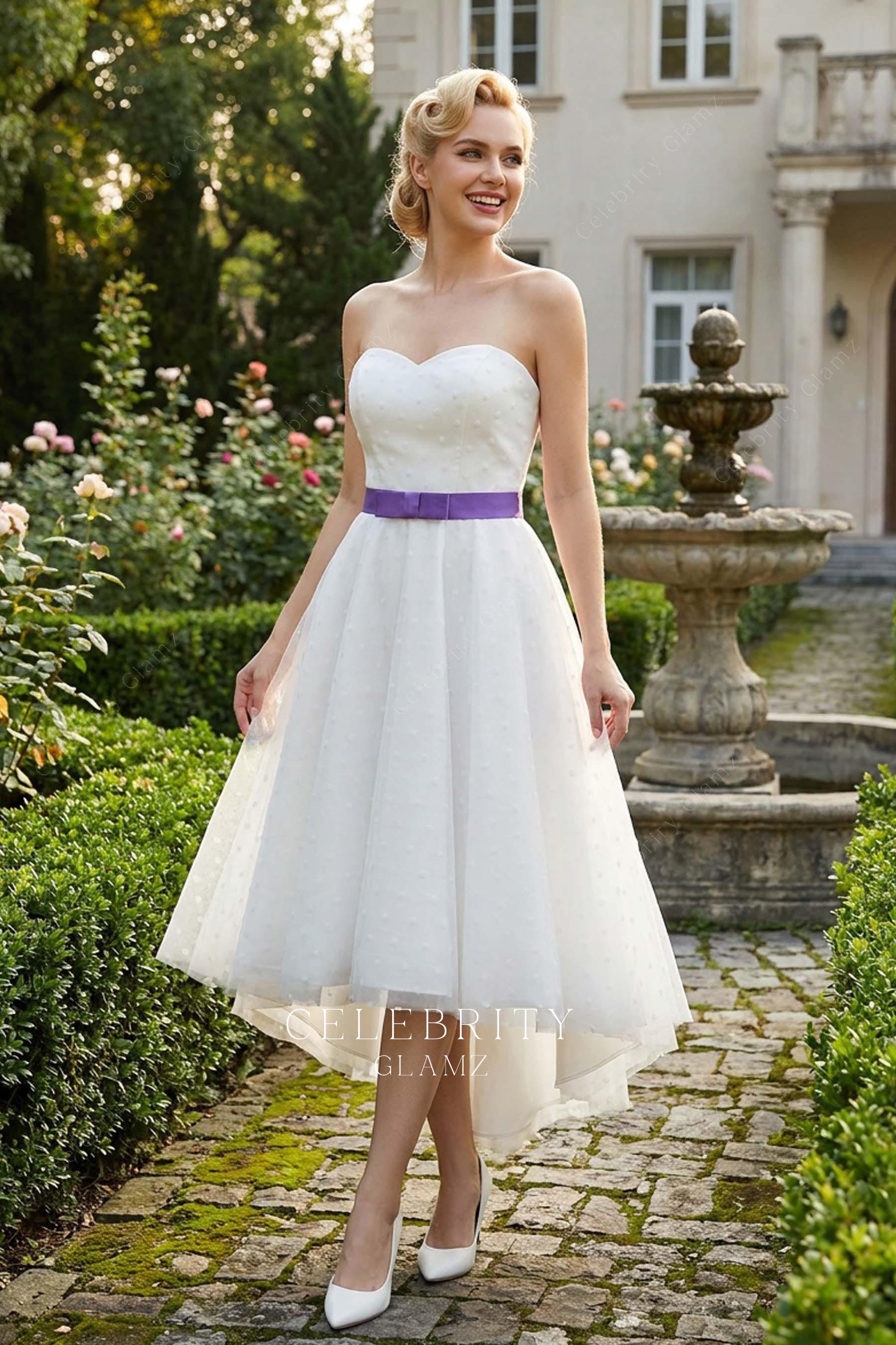 polka dot tulle purple bowknot bridal dress