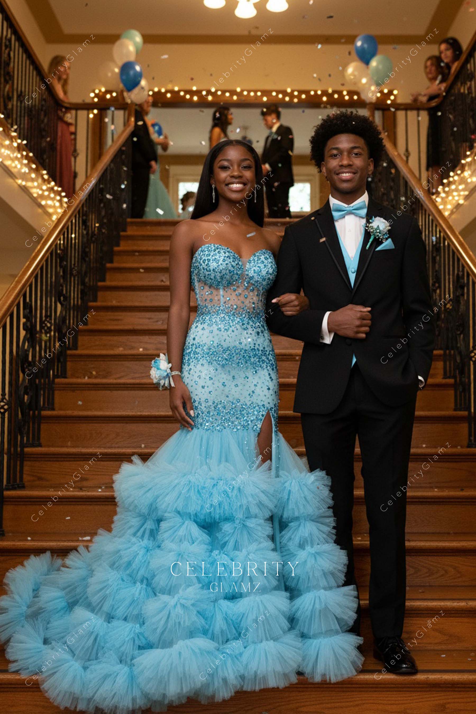 pool strapless trumpet prom dress