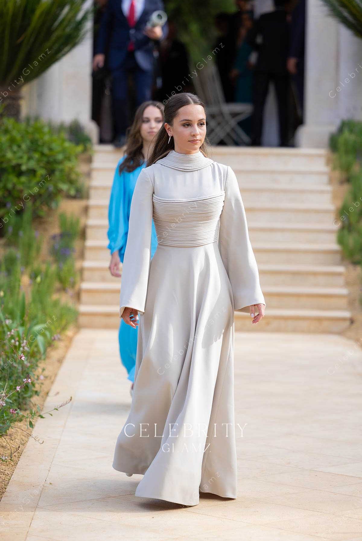 Princess Iman taupe a line 2023 prince al Hussein royal wedding guest dress