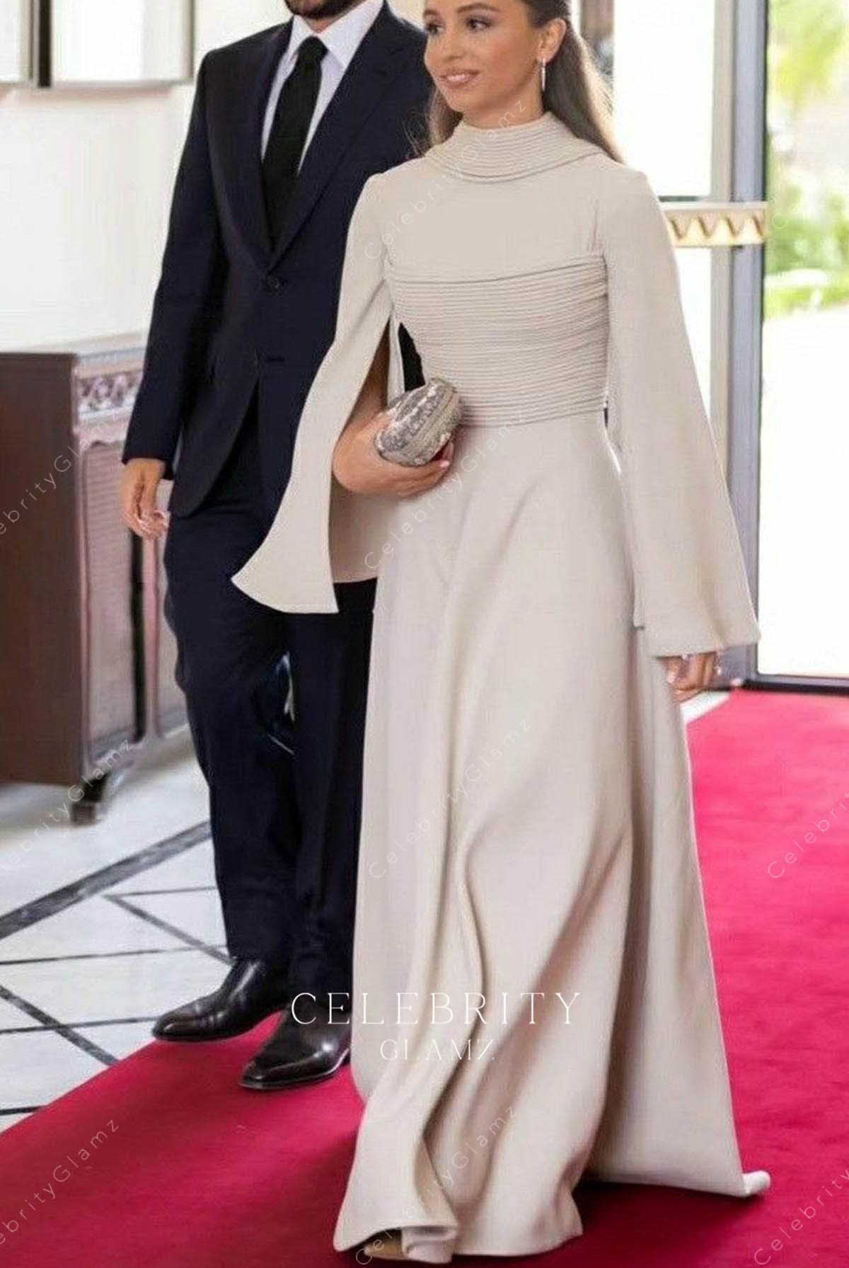 Princess Iman taupe floor length 2023 prince al Hussein royal wedding guest dress