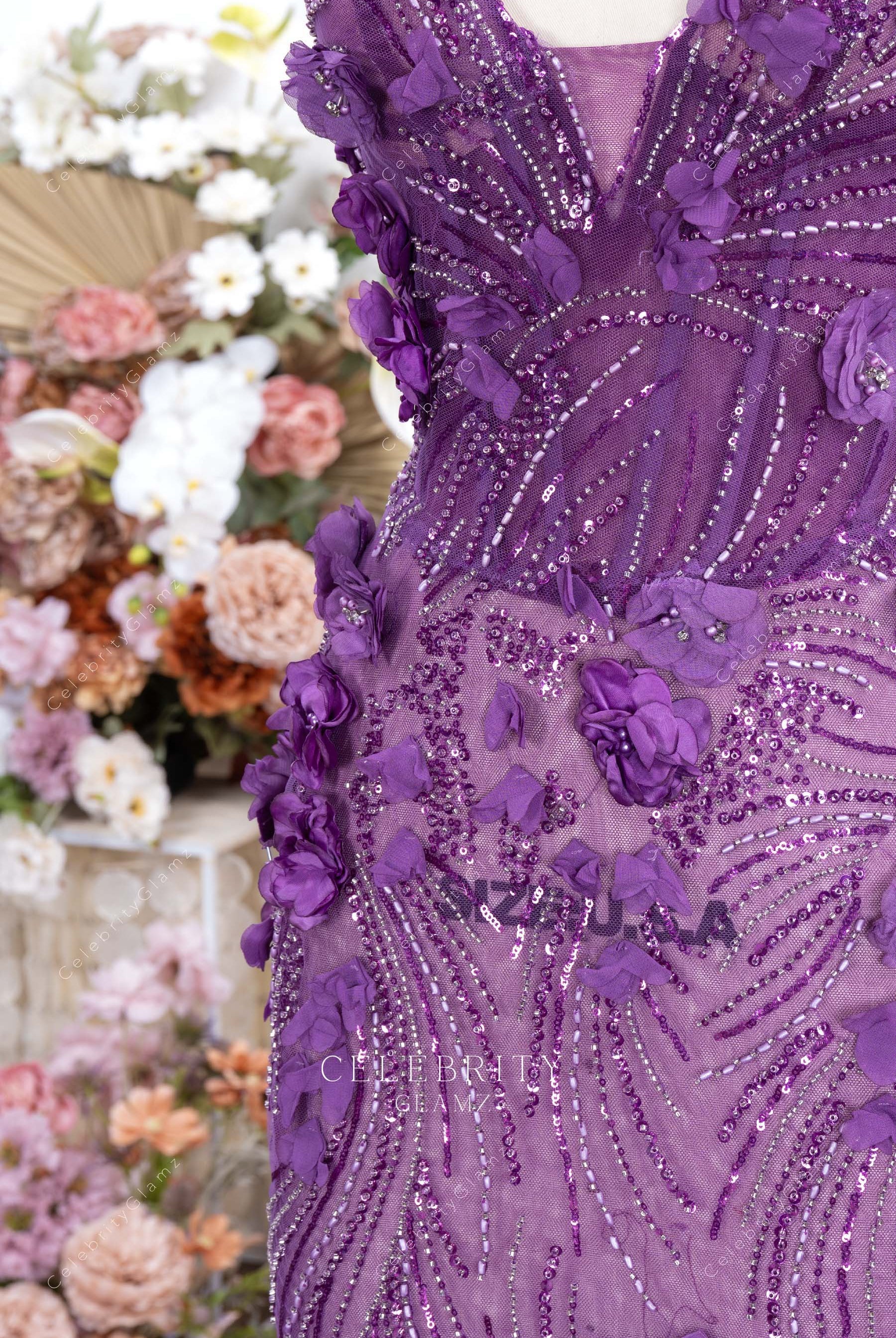purple 3d floral lace mermaid prom dress