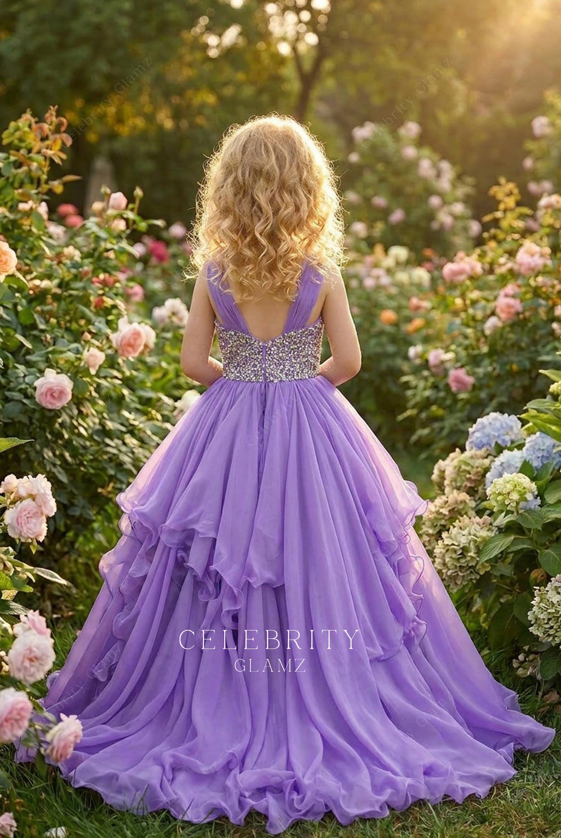 purple chiffon layered a line kids pageant dress