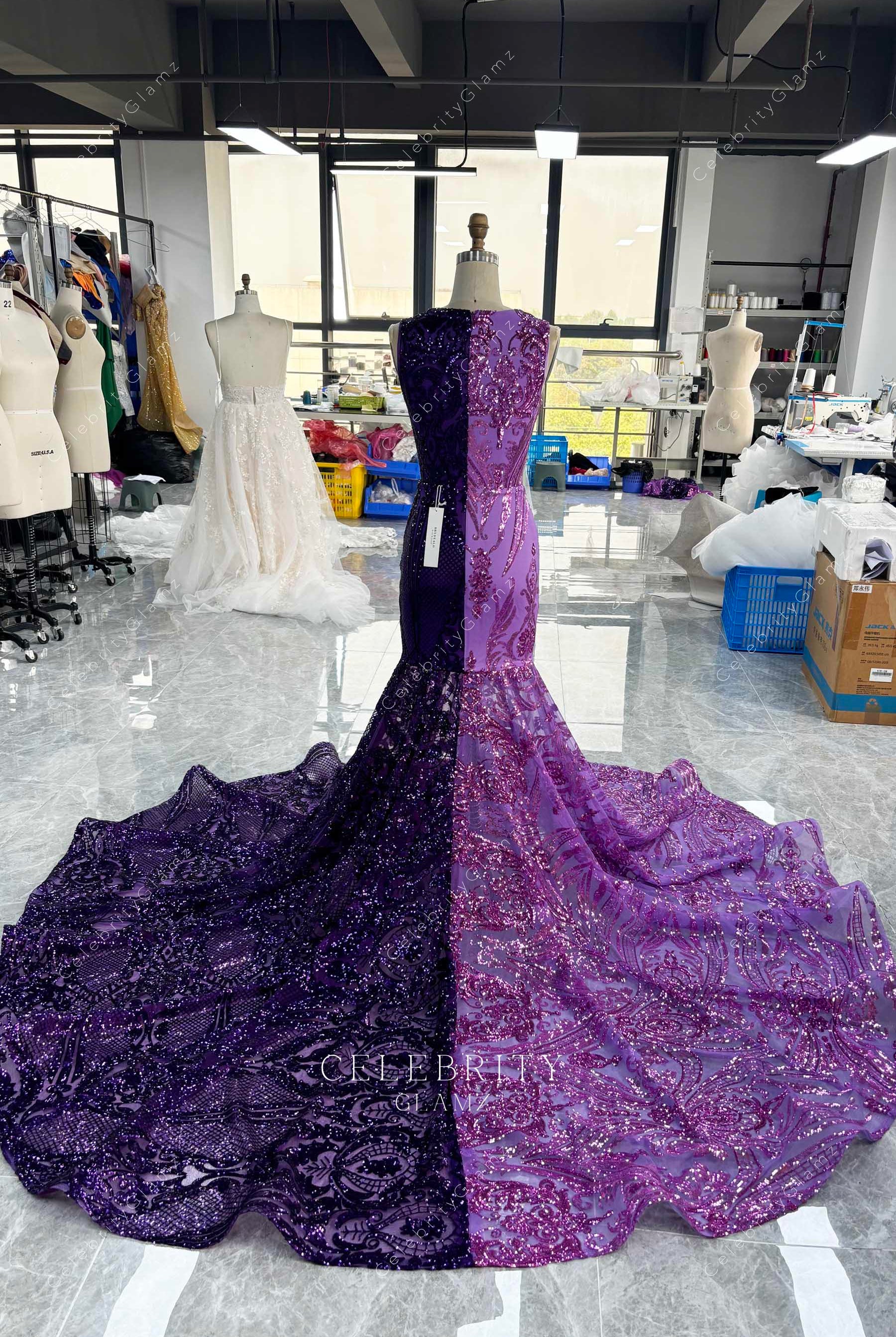 purple glitter mermaid prom dress