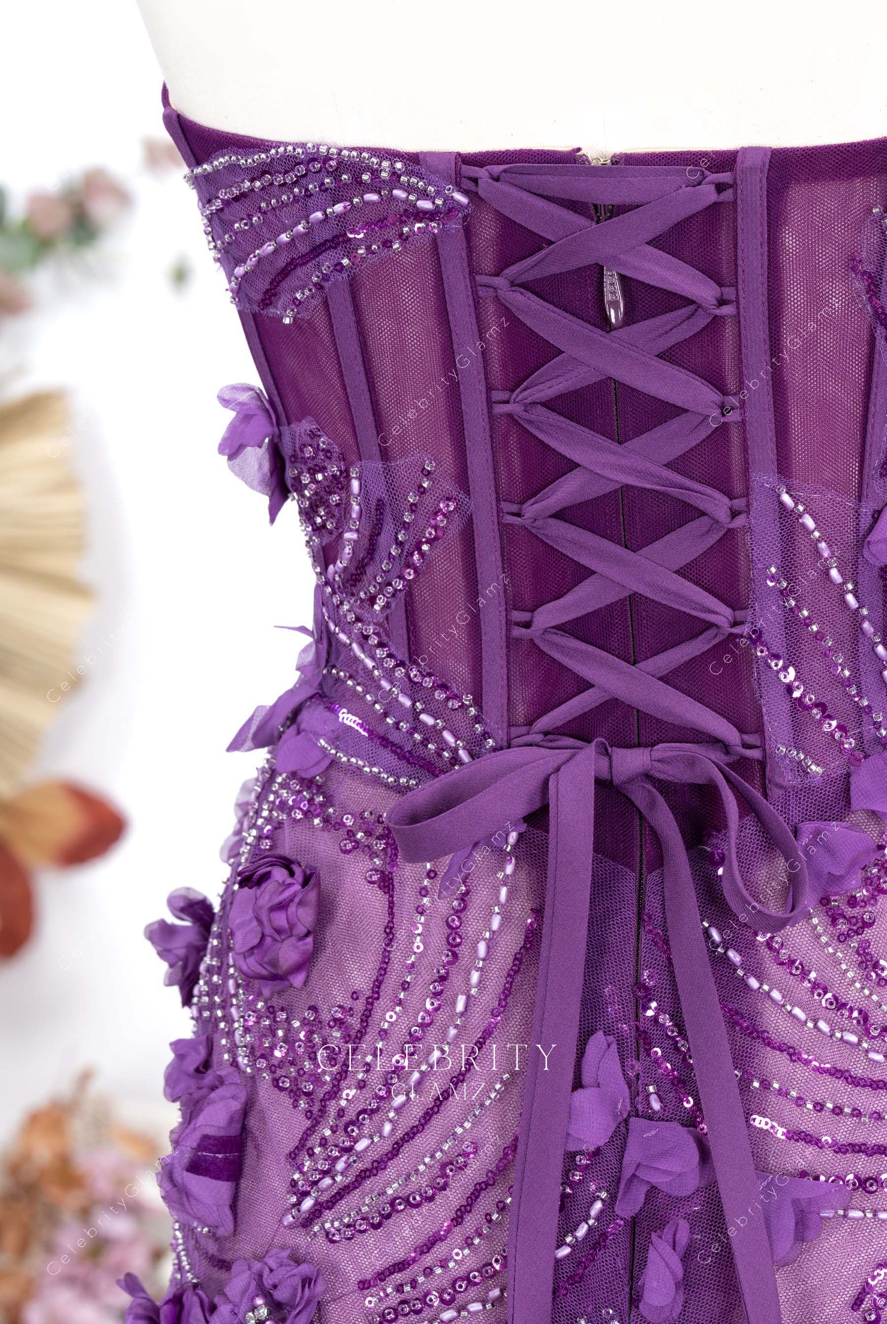 purple lace up back prom dress