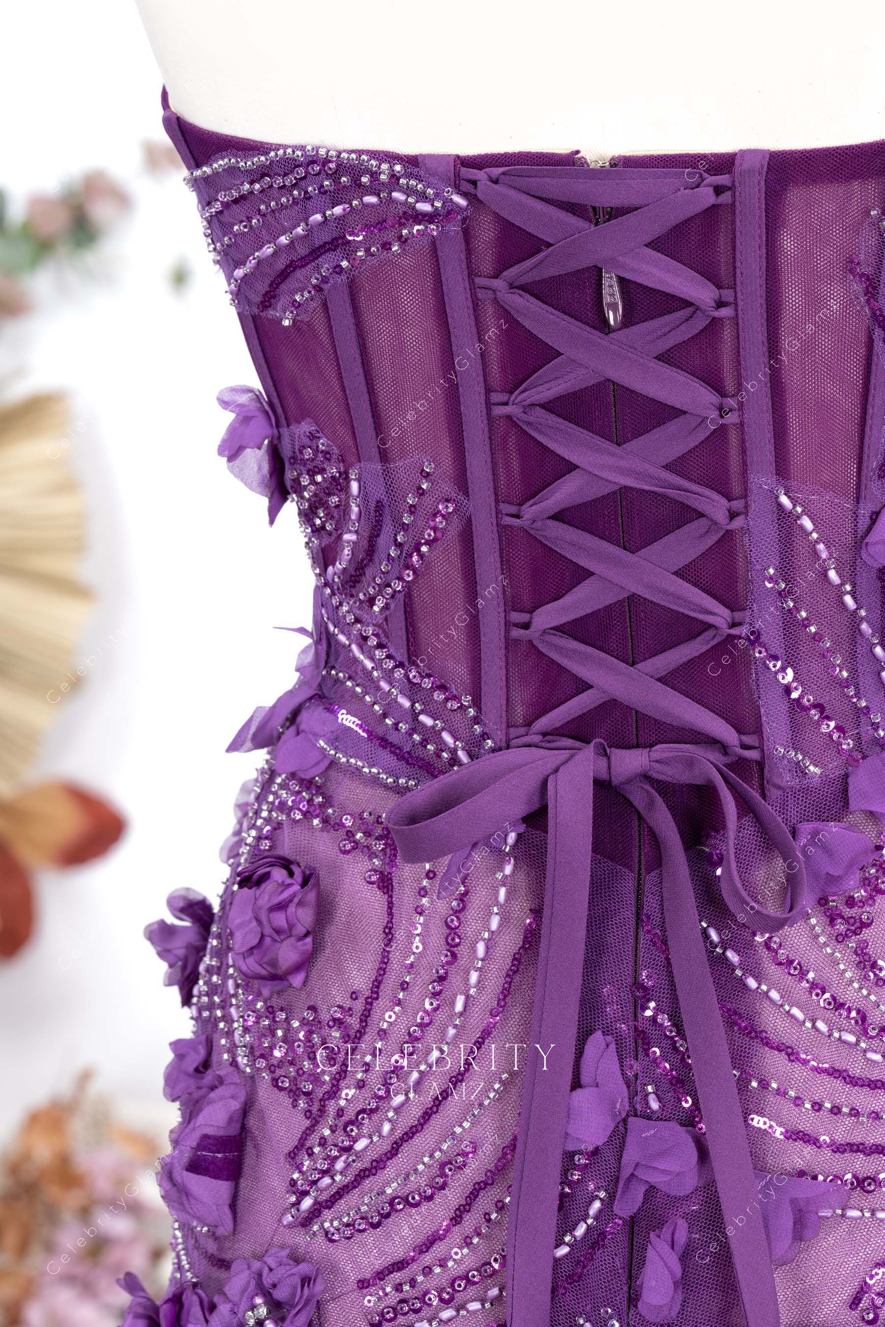 purple lace up back prom dress