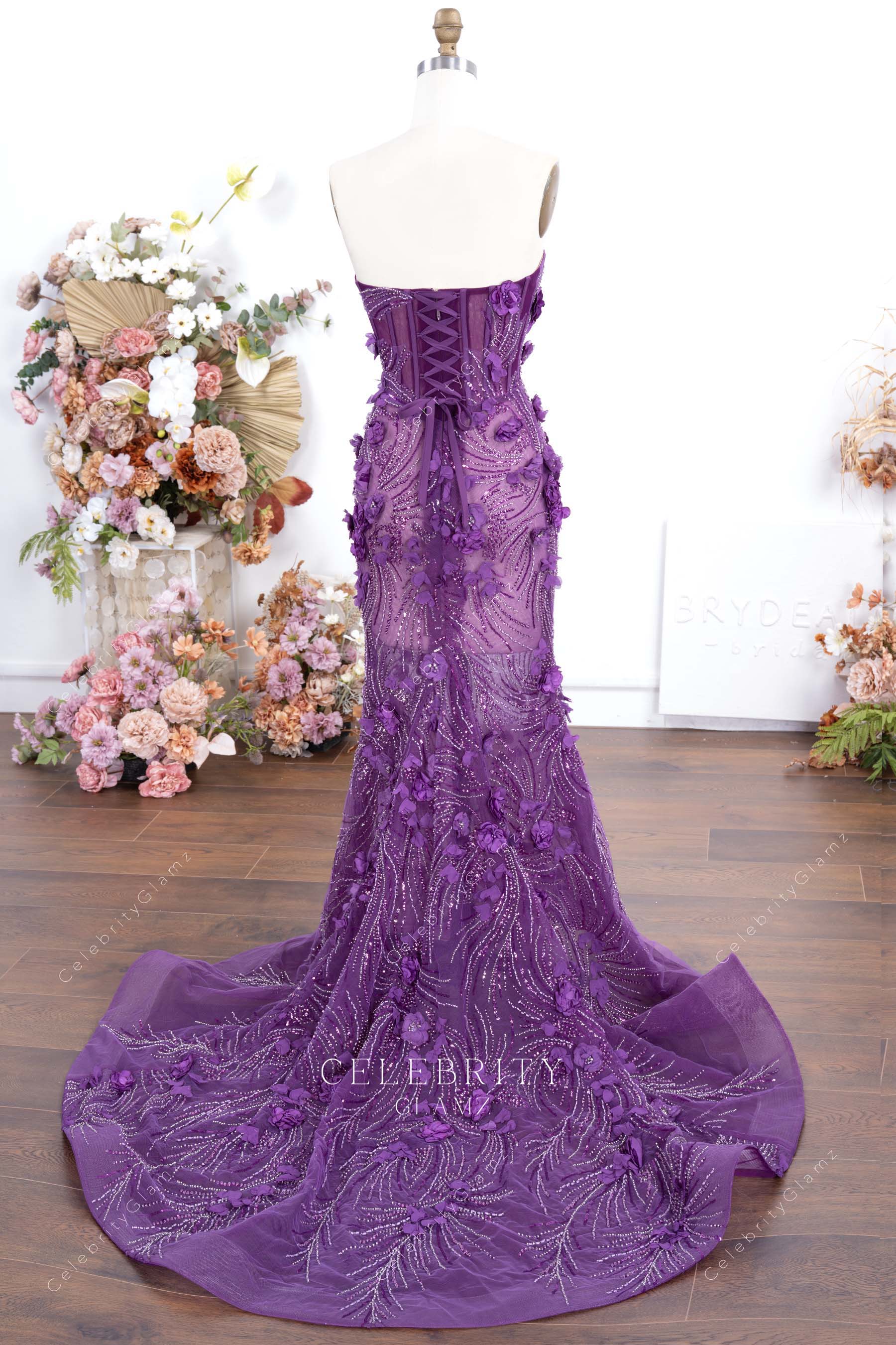 purple mermaid chapel train prom dress