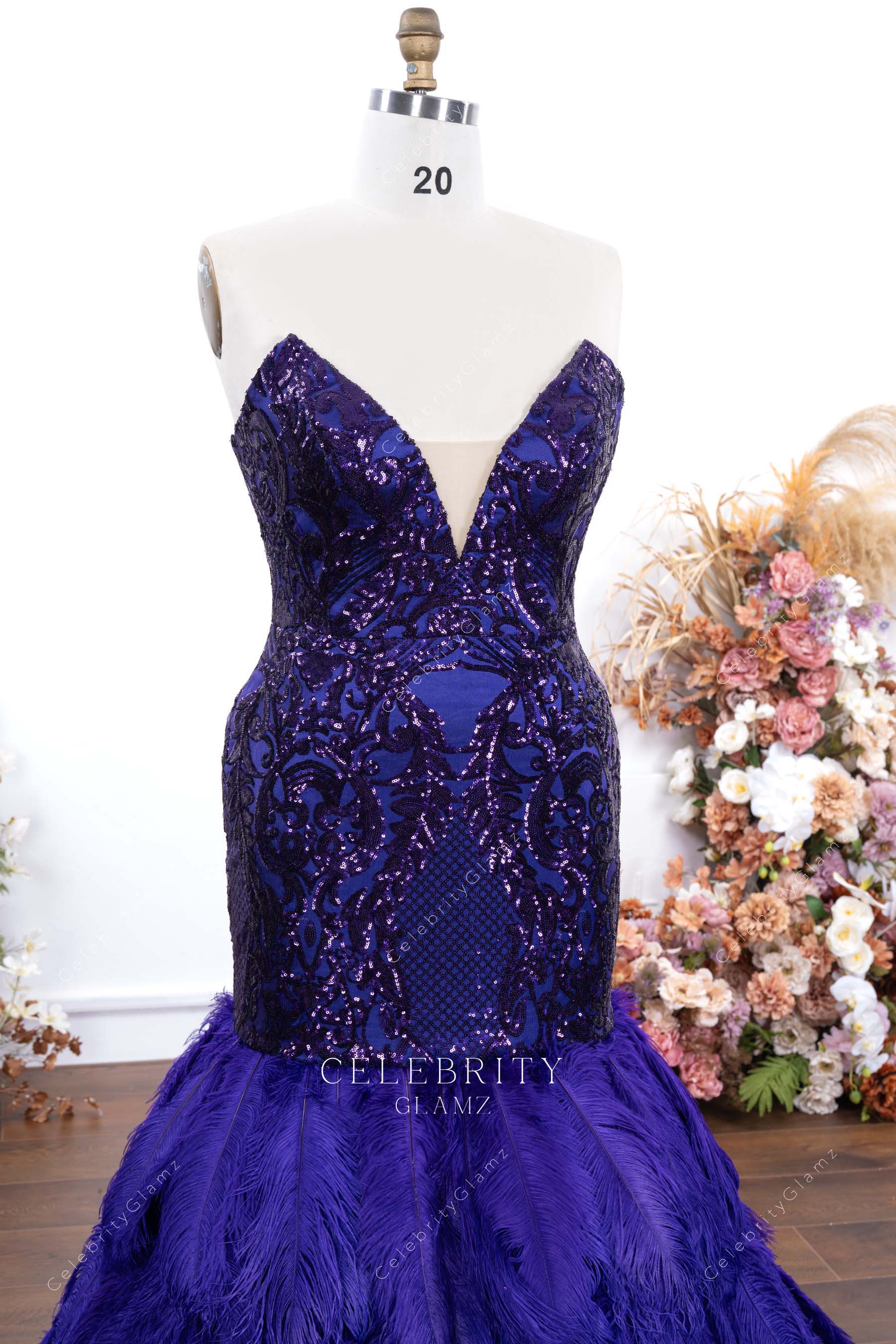 purple plunging neck trumpet prom dress