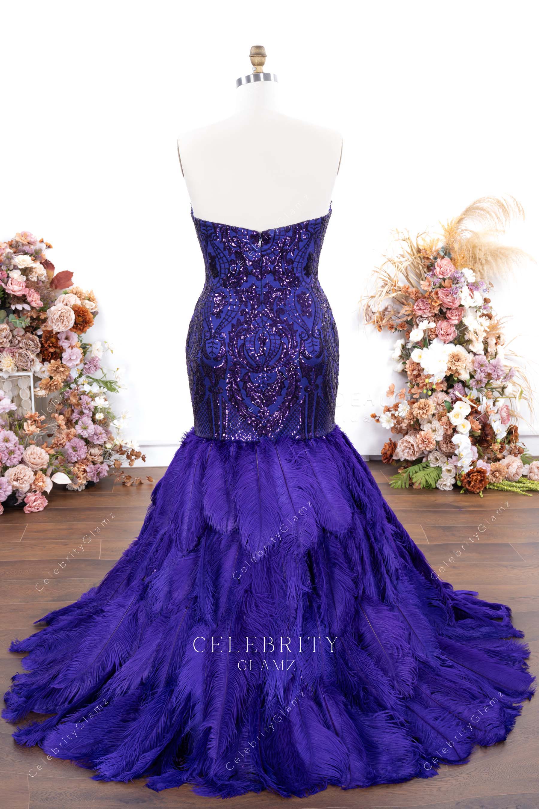 purple sequin feathered trumpet prom dress