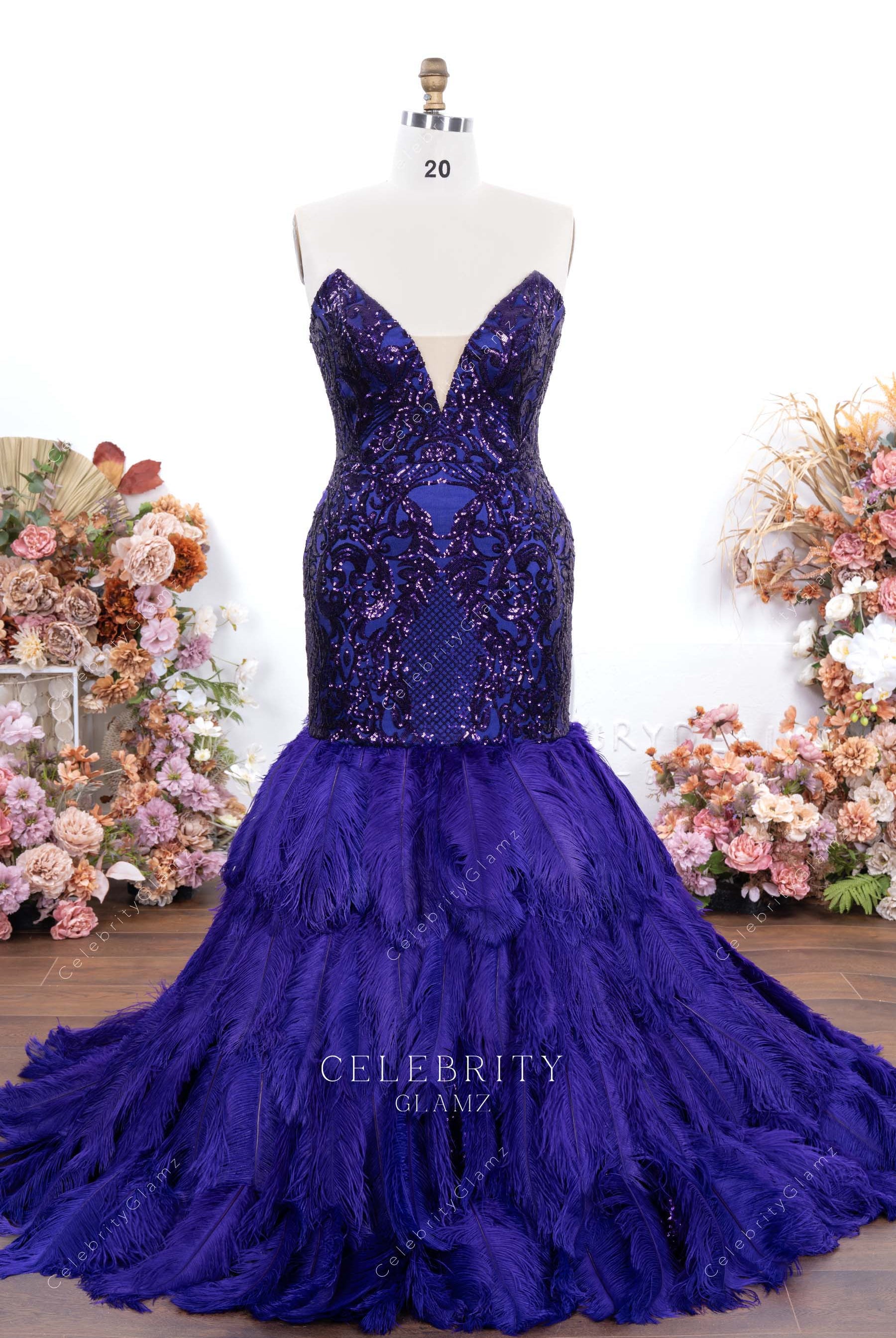 purple sequin feathered trumpet prom dress