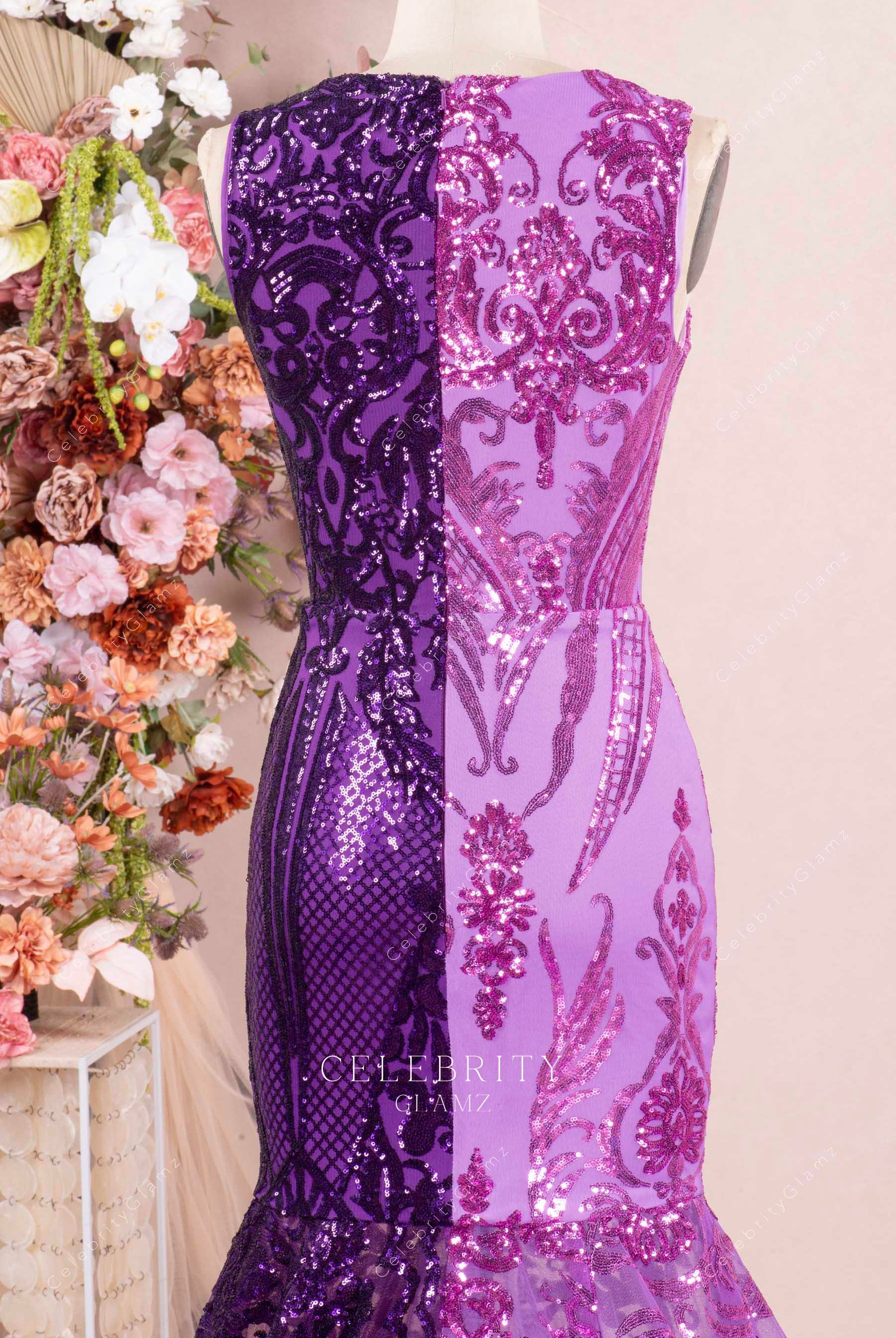 purple sequin sleeveless mermaid prom dress