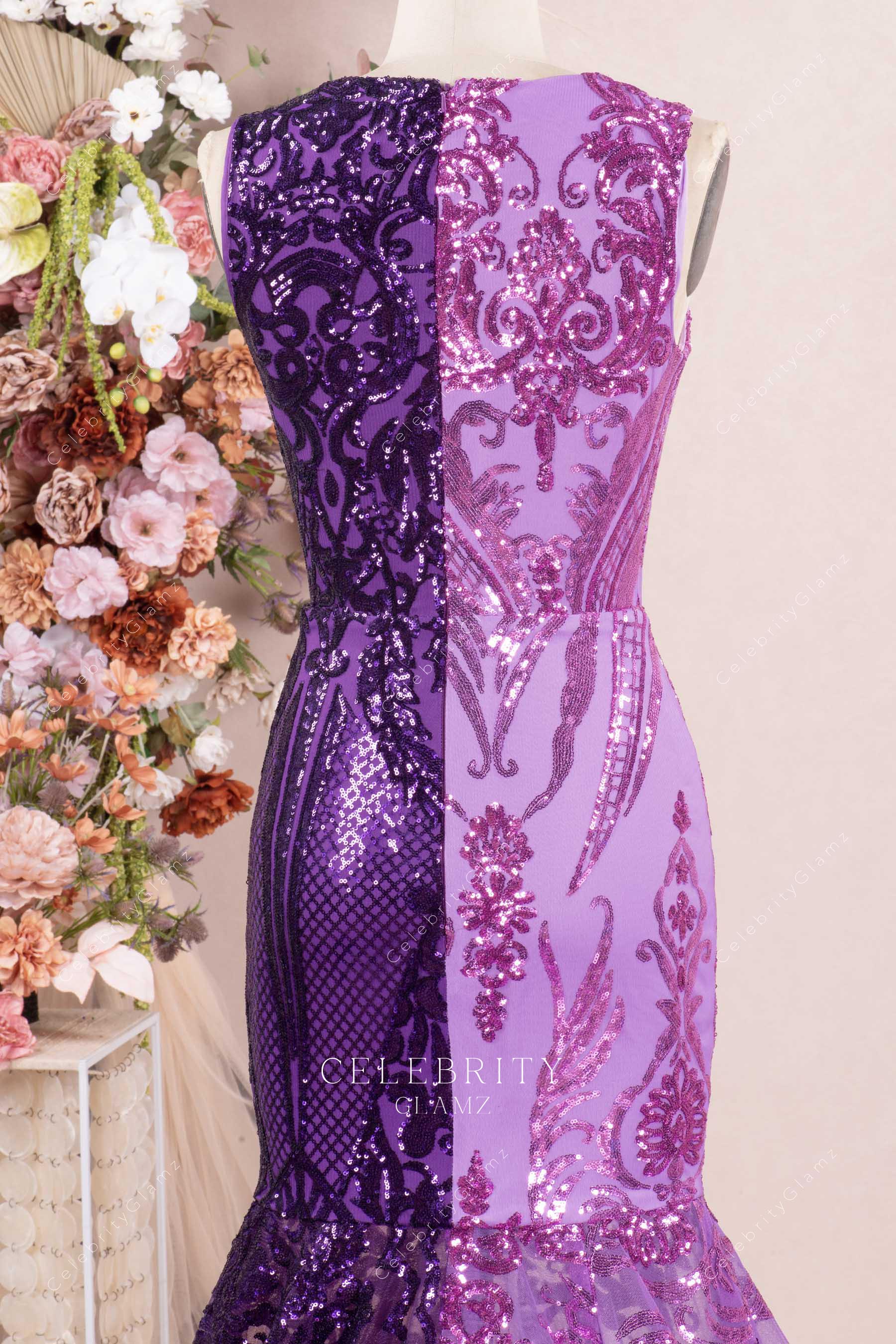 purple sequin sleeveless mermaid prom dress