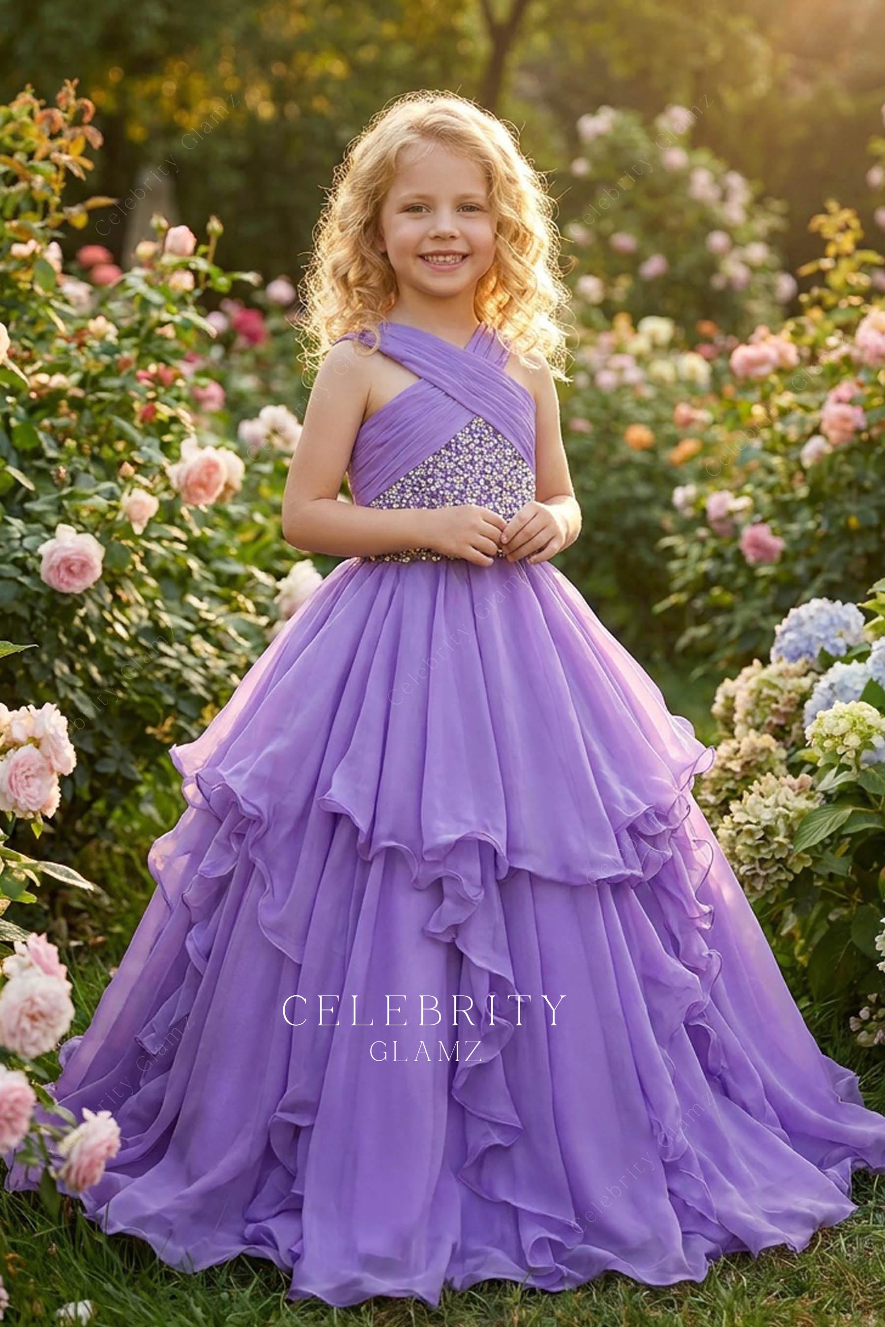 purple sleeveless chiffon kids pageant dress