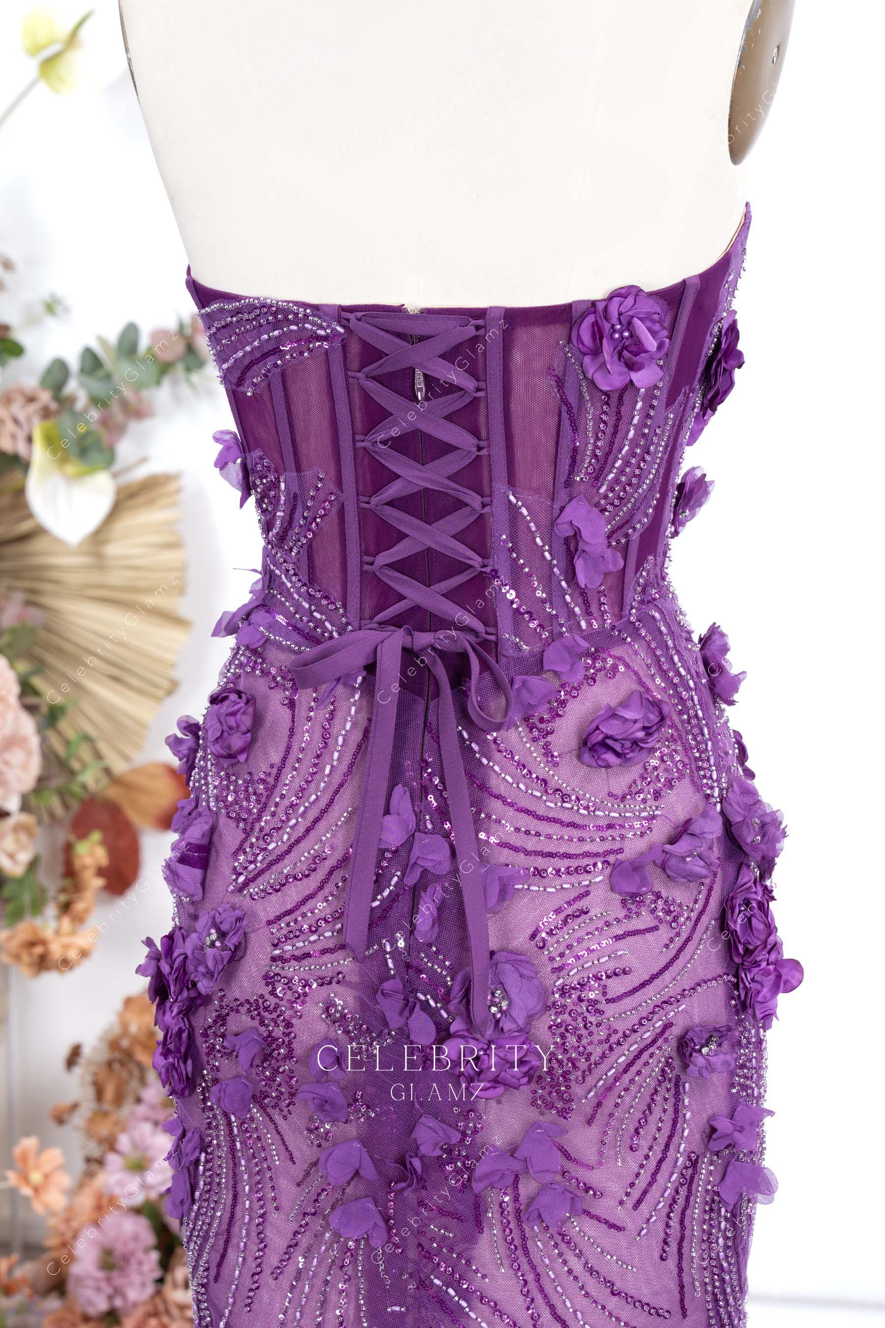 purple strapless backless prom dress