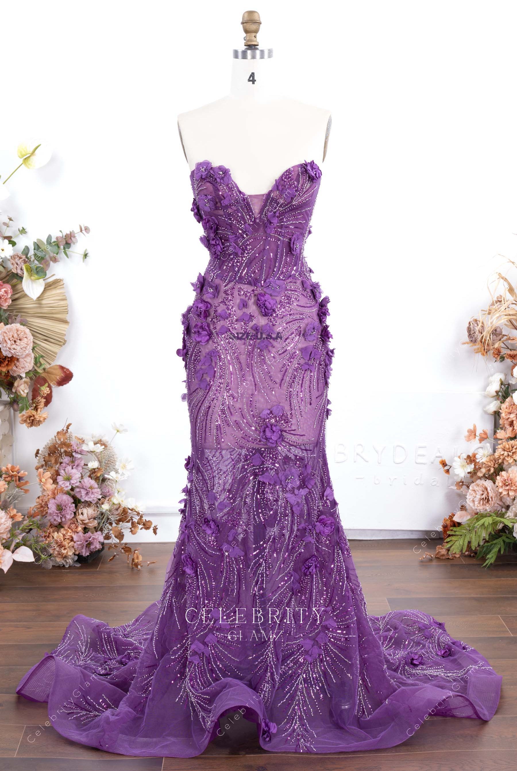 purple strapless mermaid prom dress