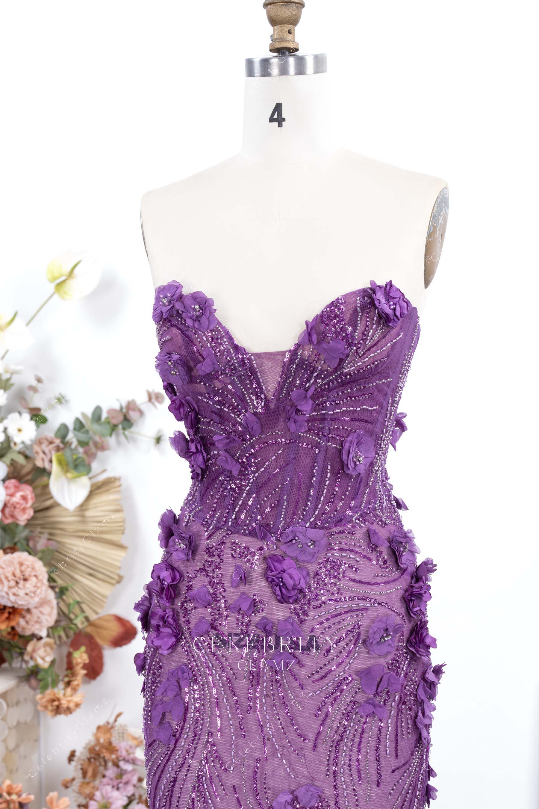 purple strapless sweetheart prom dress