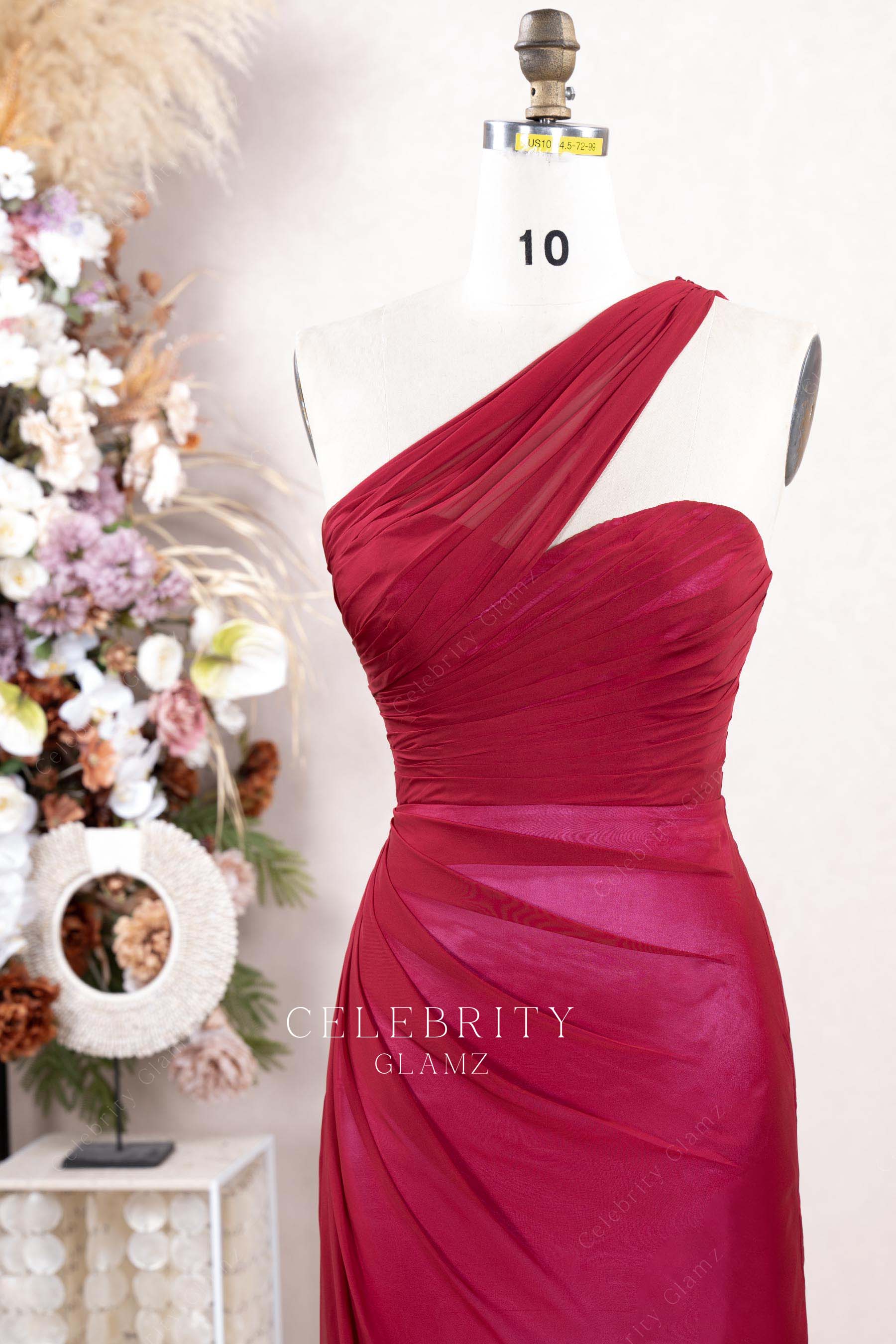 raspberry asymmetrical neckline formal dress