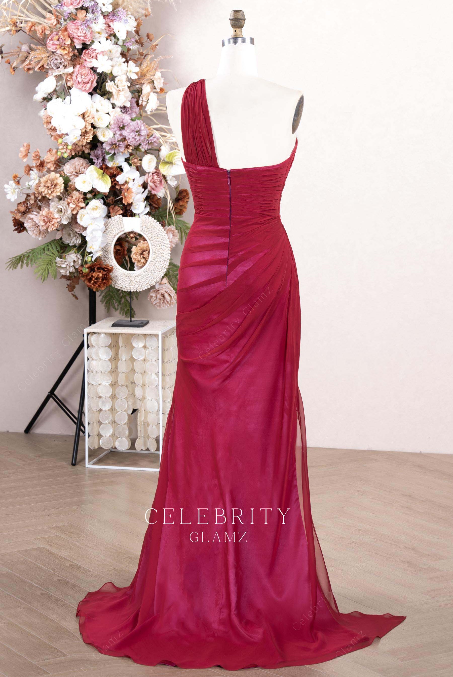 raspberry fit flare formal dress
