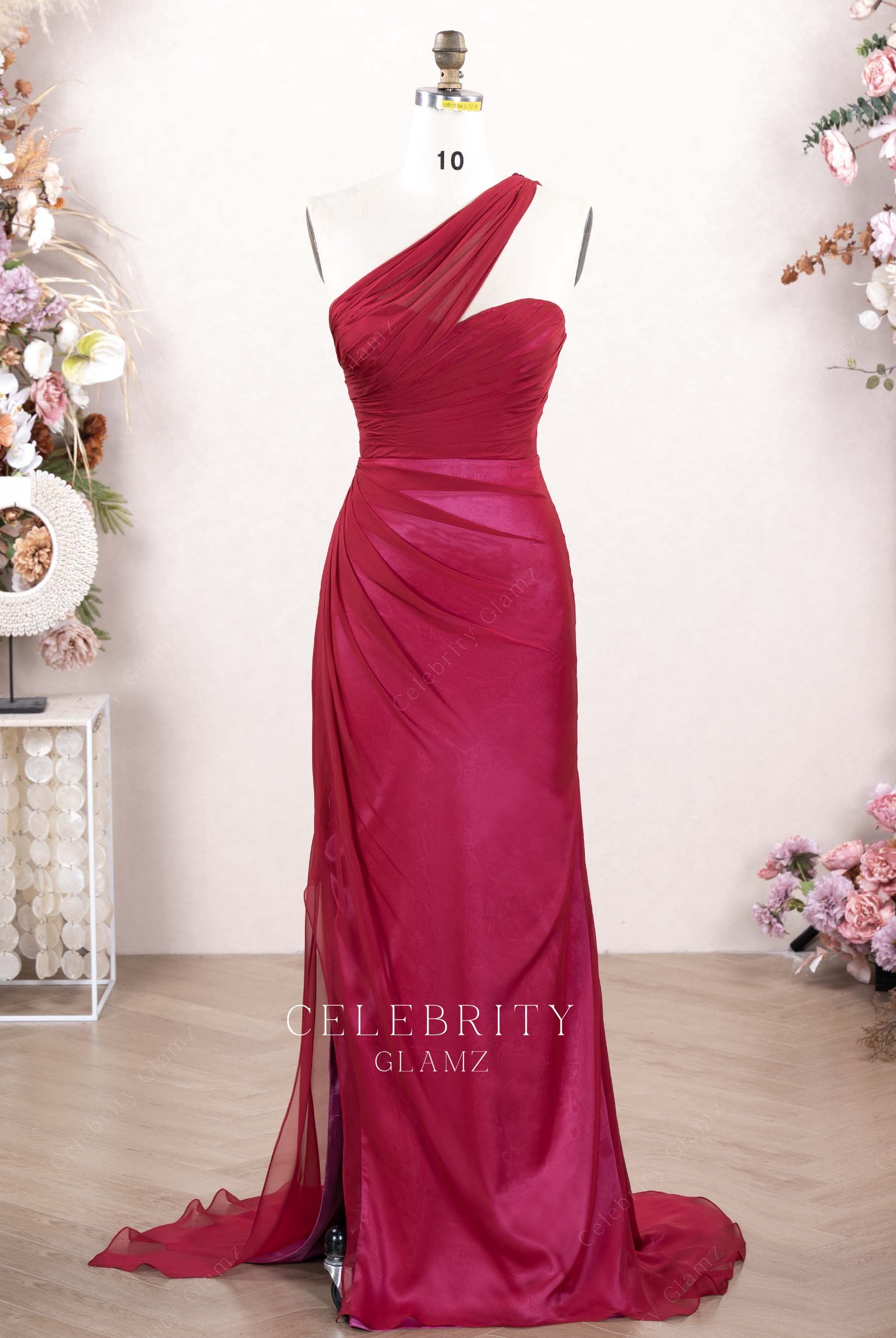 raspberry one shoulder formal dress