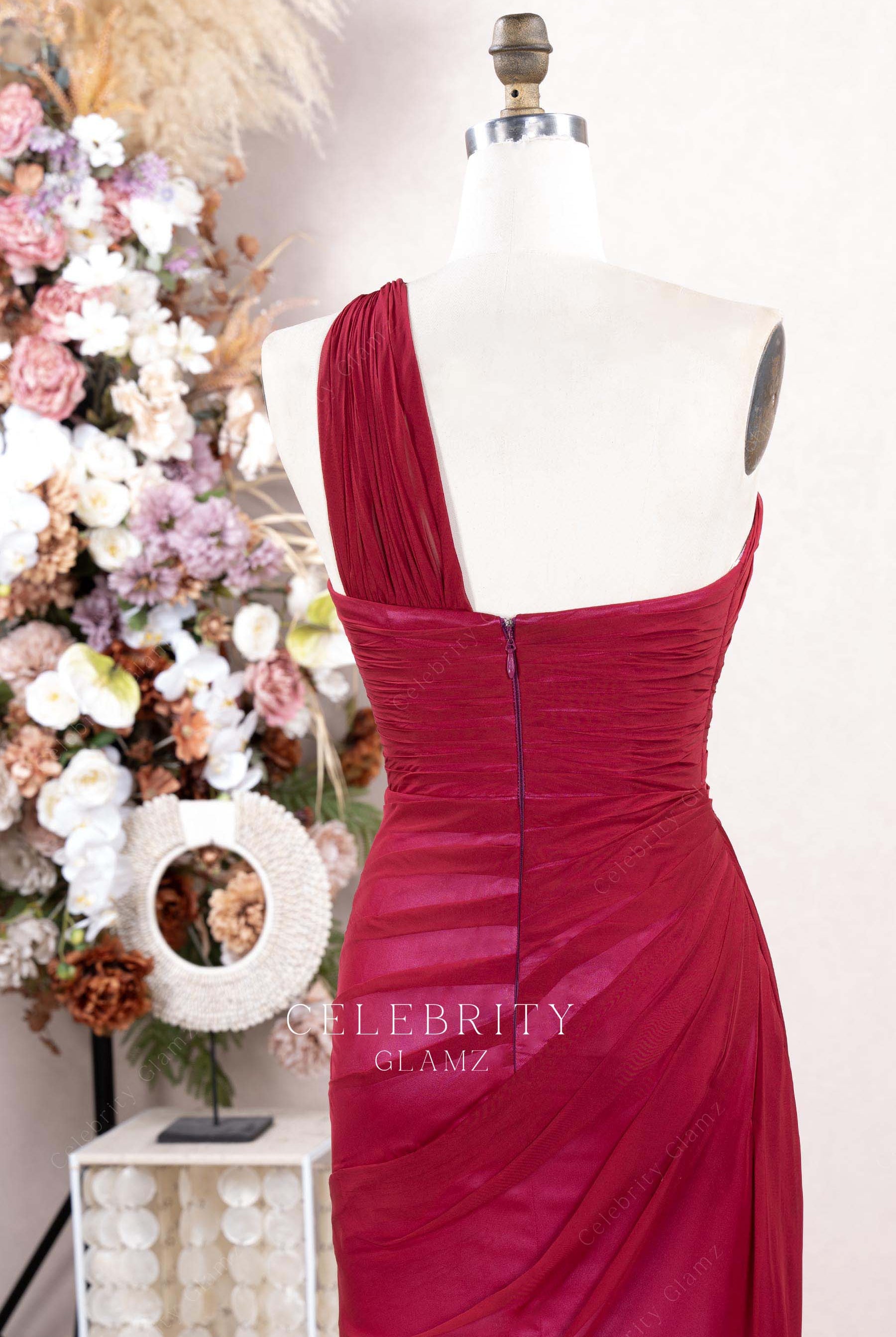 raspberry pleated formal dress
