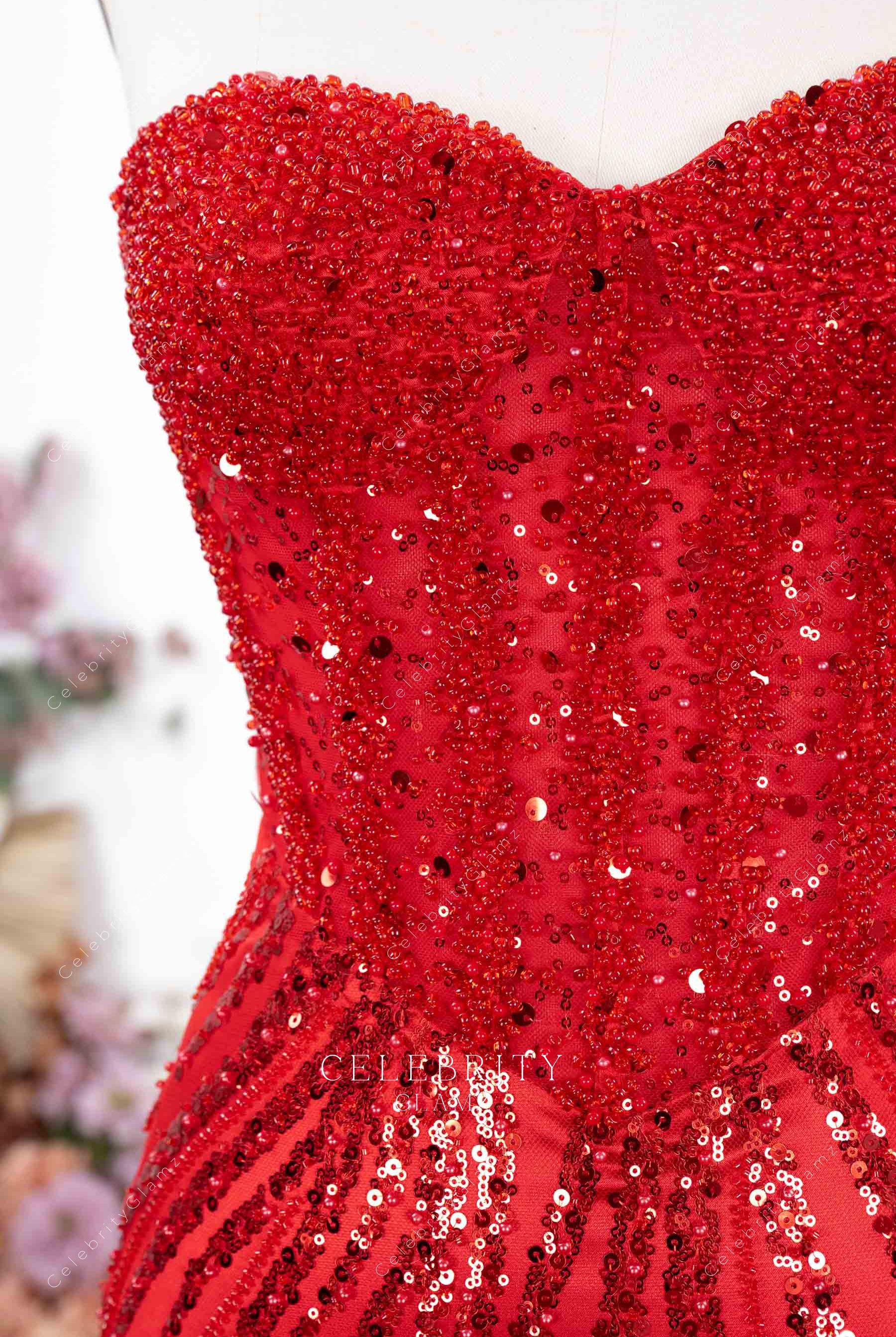 red sequin corset prom dress