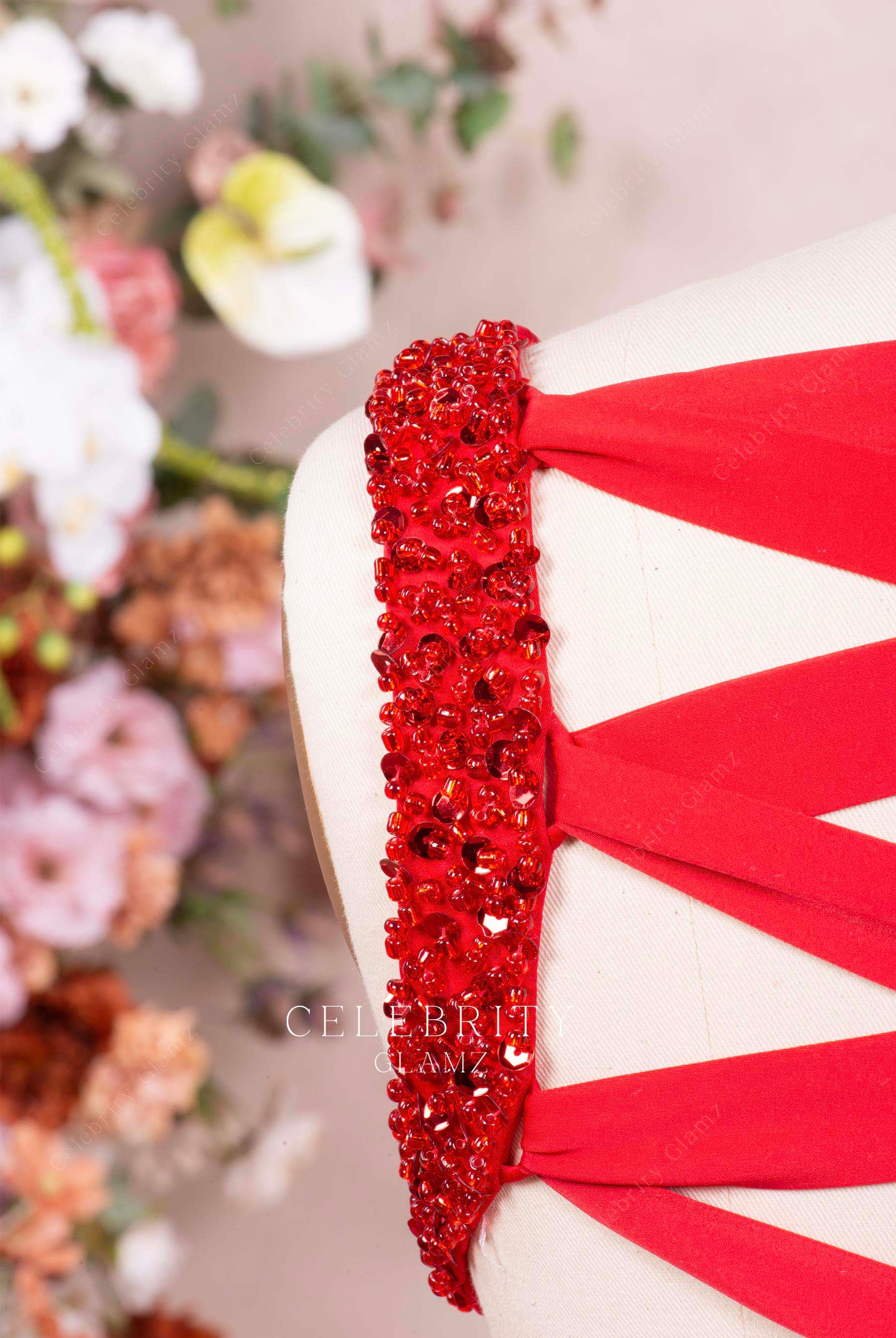 red beaded straps formal dress