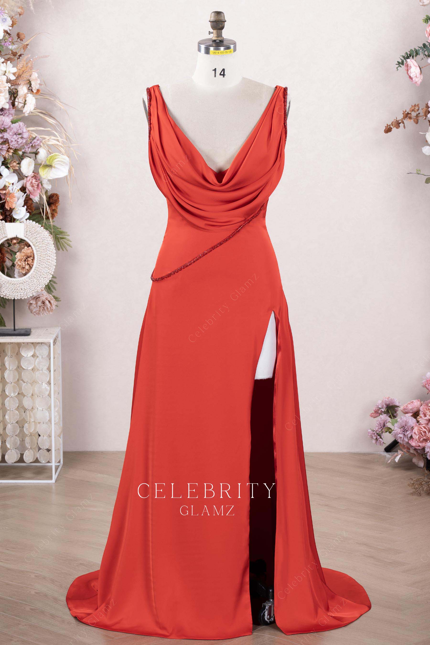 red cowl neck formal dress