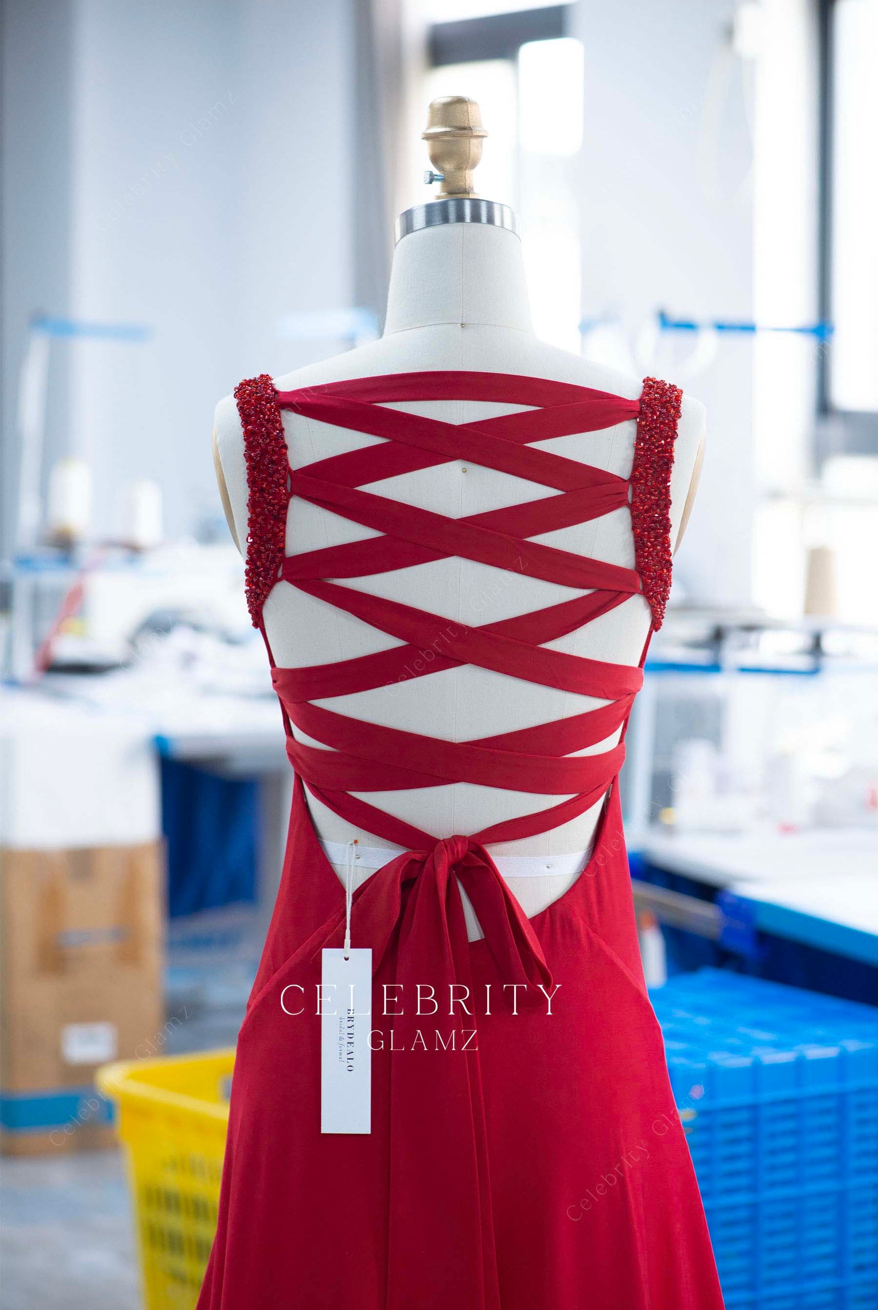 red crisscross back formal dress