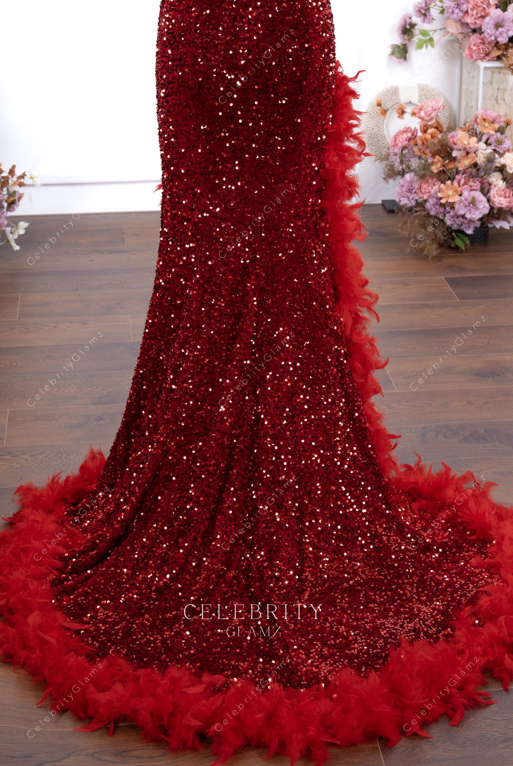 red feathered trim prom dress