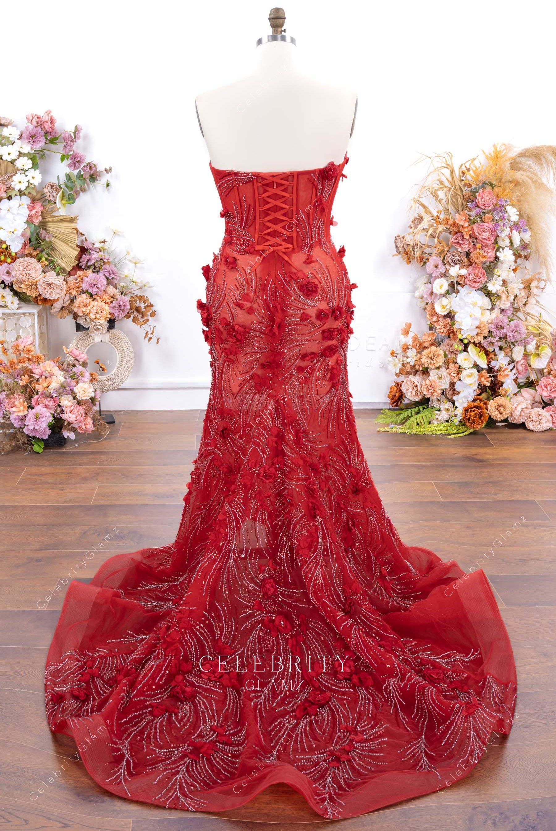 red fit flare court train prom dress