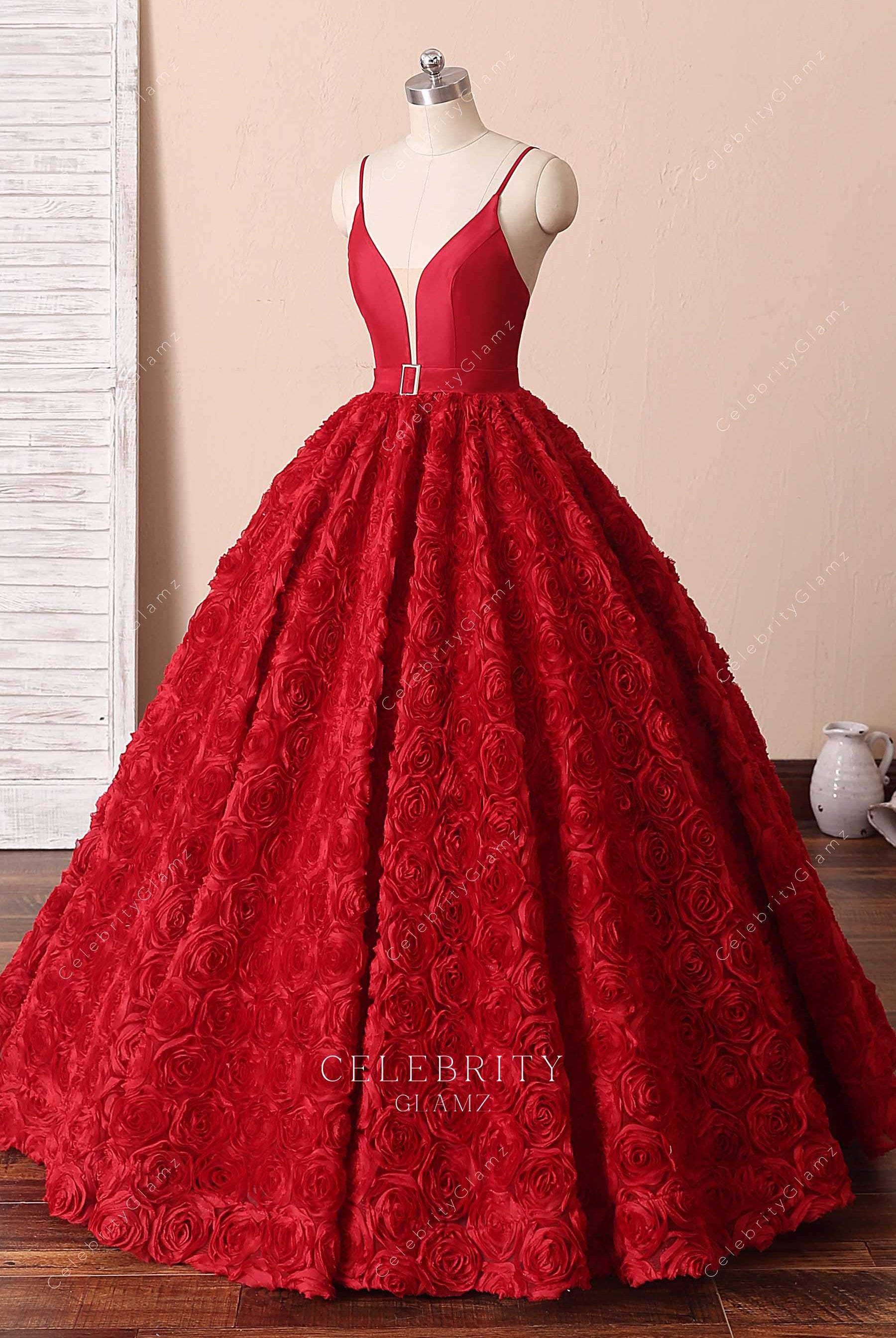 red floor length Quinceanera ballgown