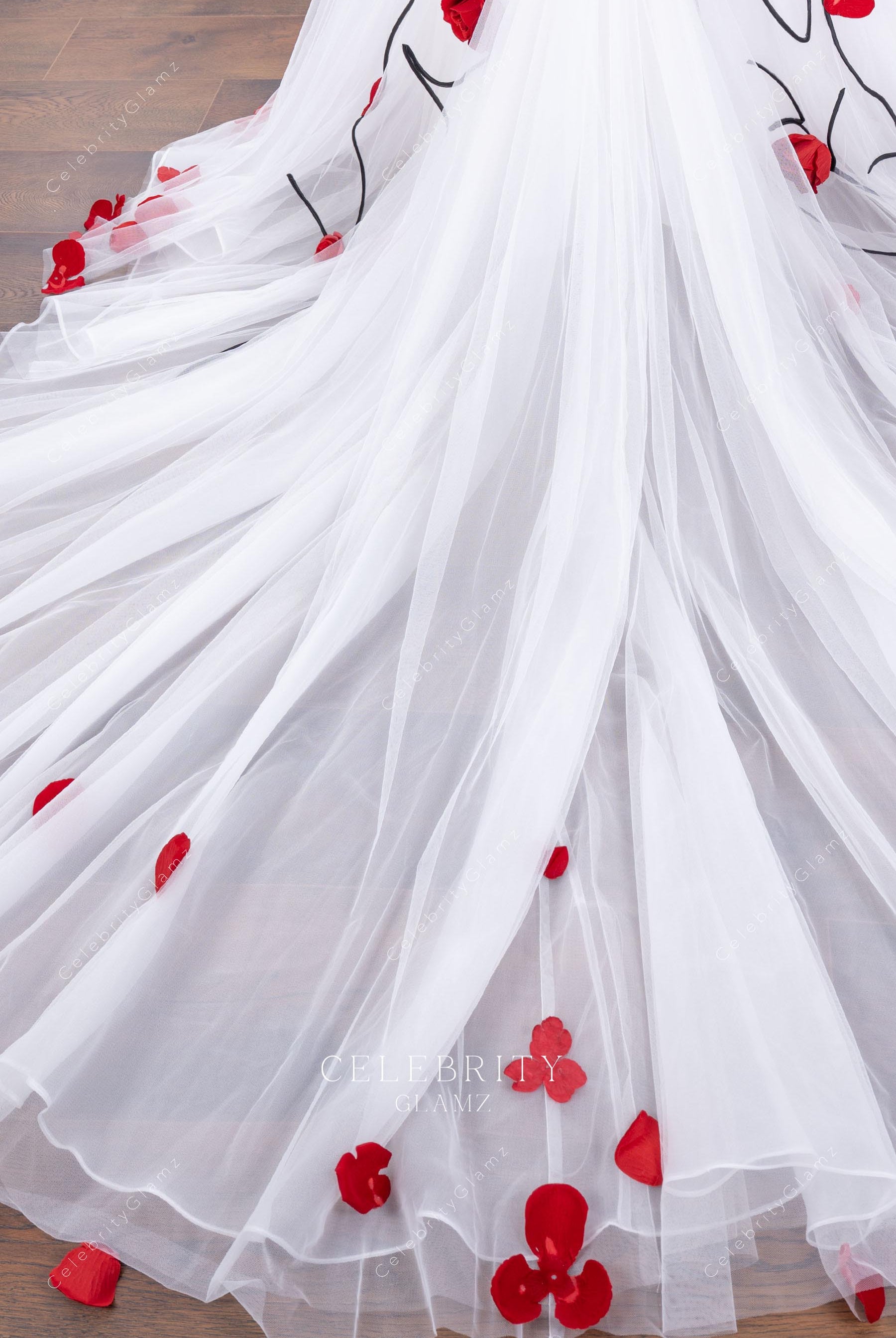 red floral lace chapel train wedding dress