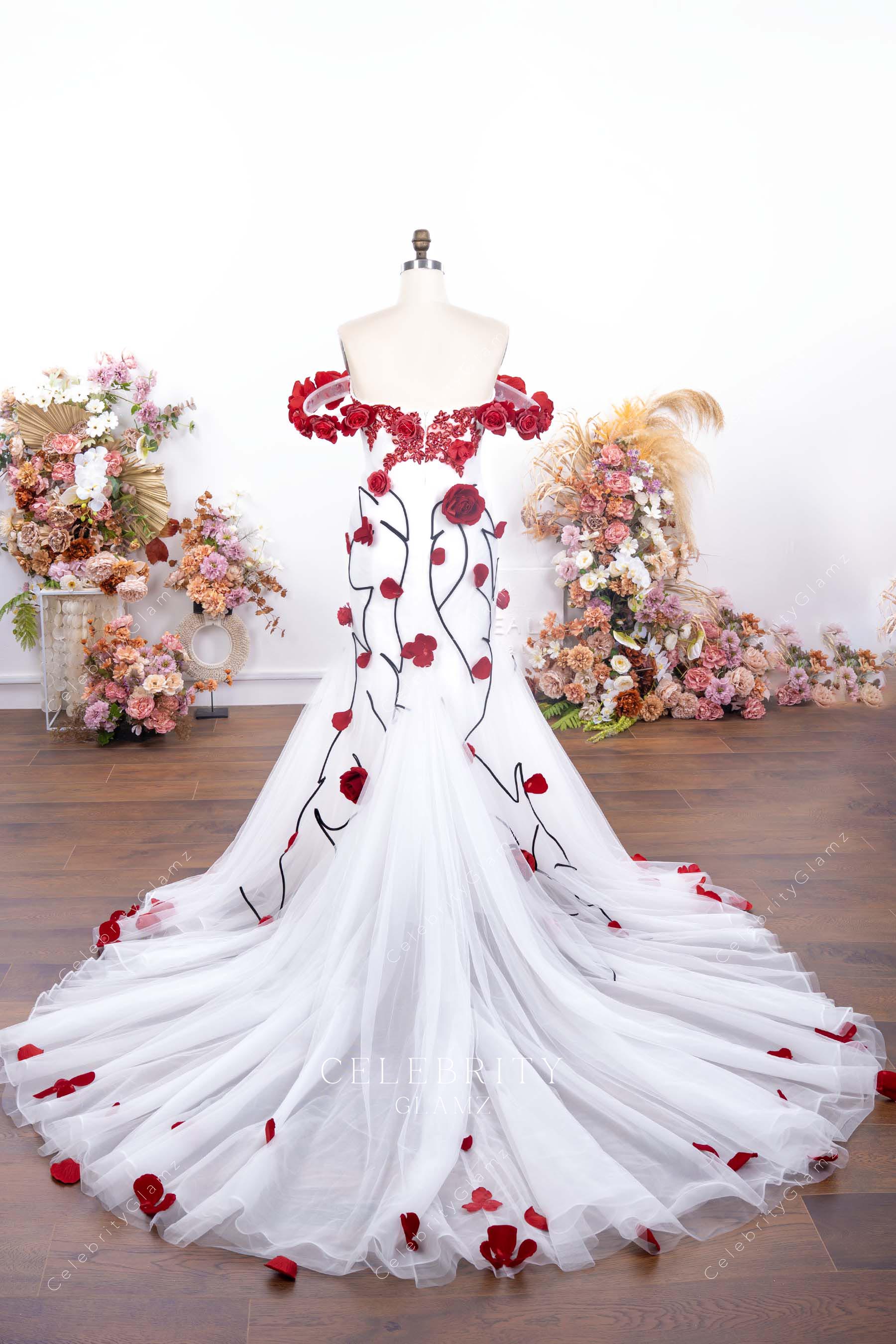 red floral lace illusion train wedding dress