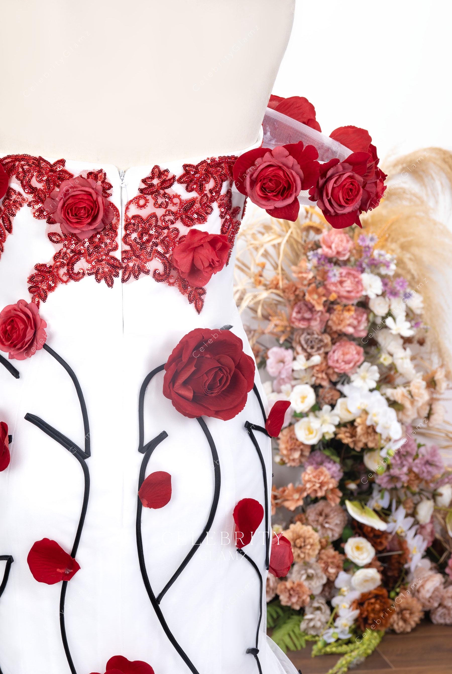 red floral lace sleeve wedding dress