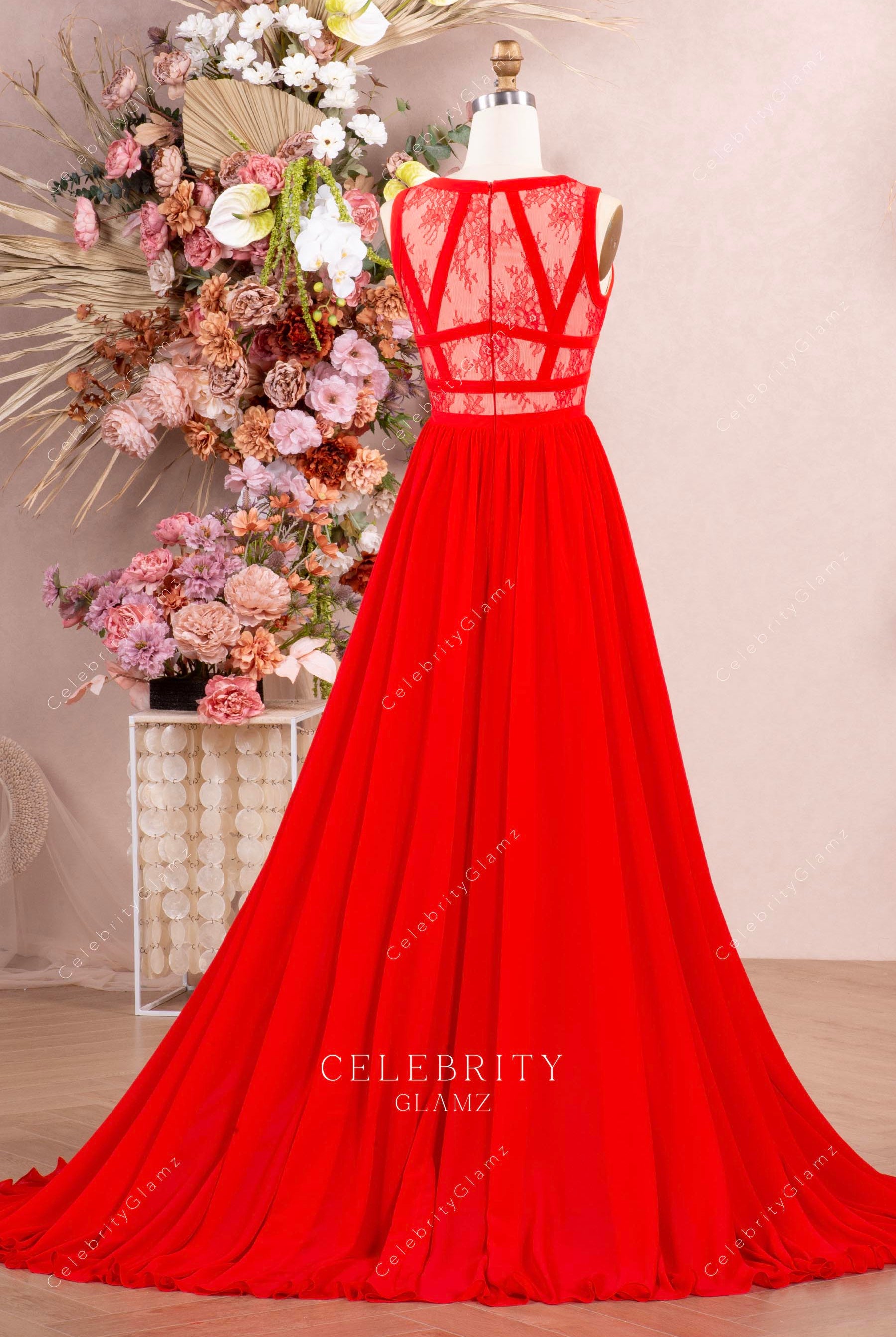 red illusion back a line prom dress