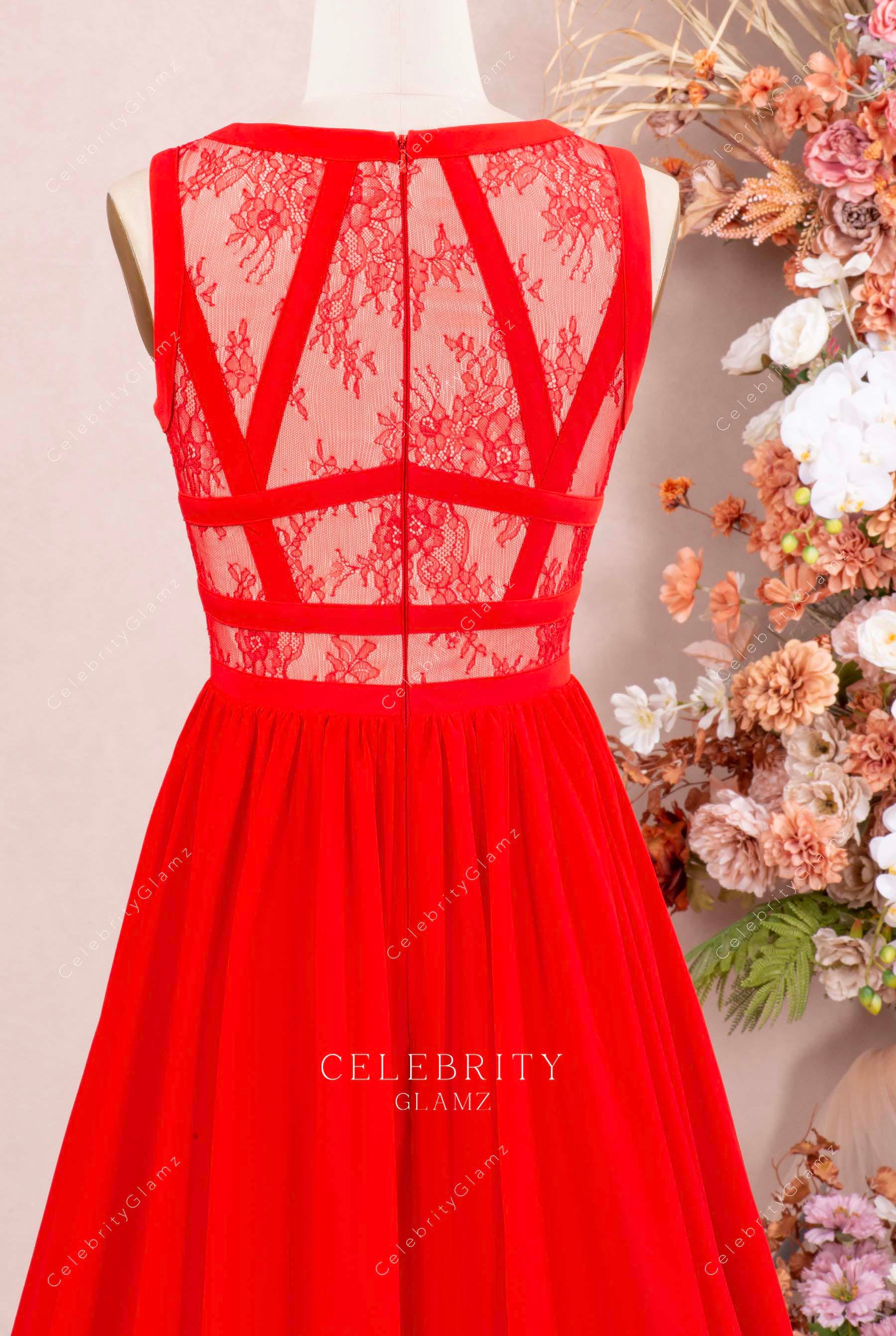 red illusion lace back prom dress