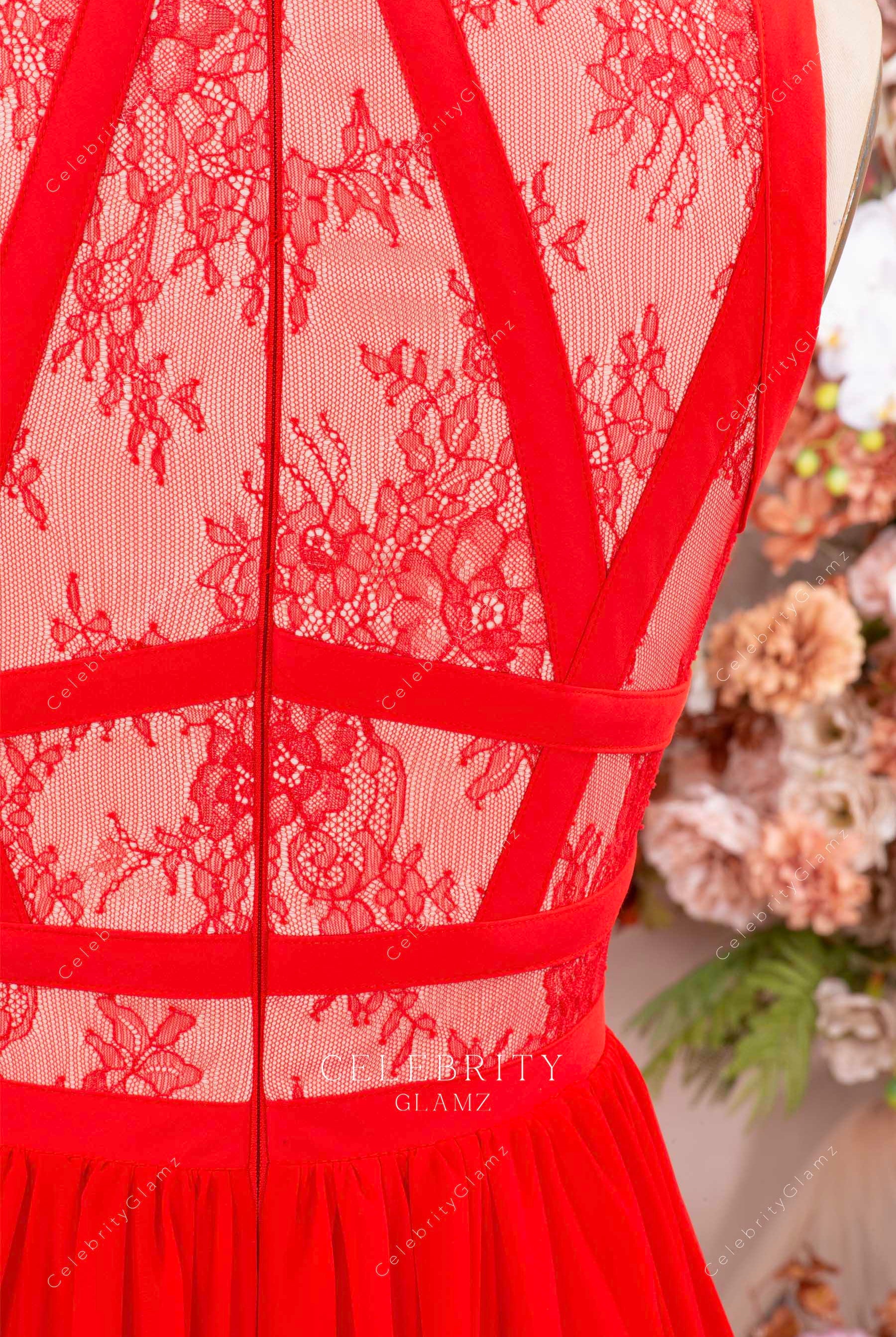 red lace a line prom dress