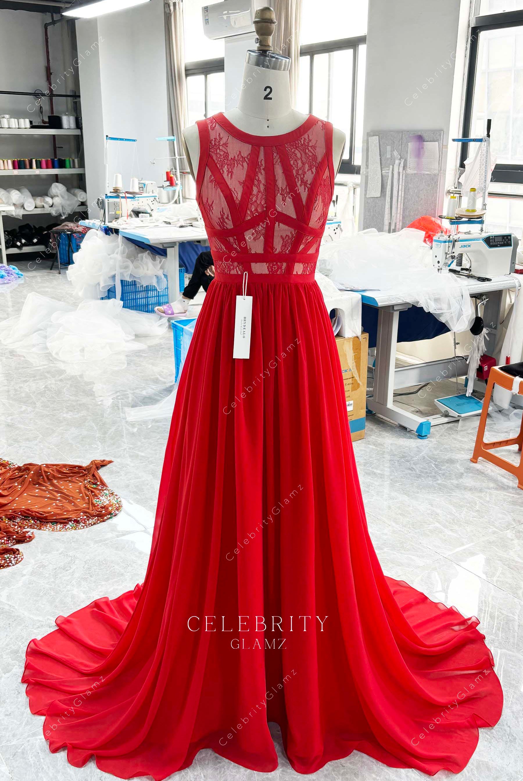 red lace chiffon a line prom dress