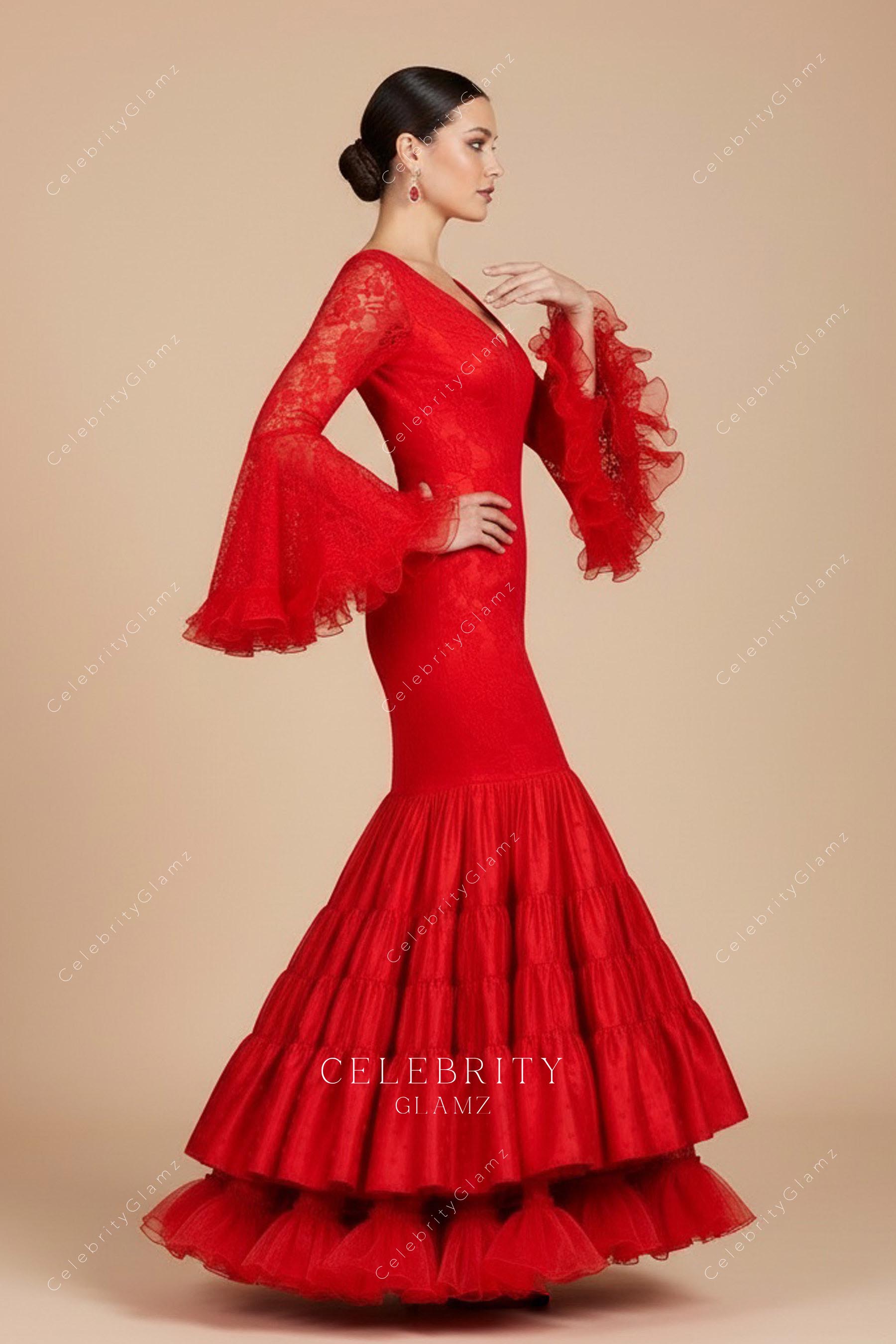 red lace illusion bell sleeve trumpet formal gown