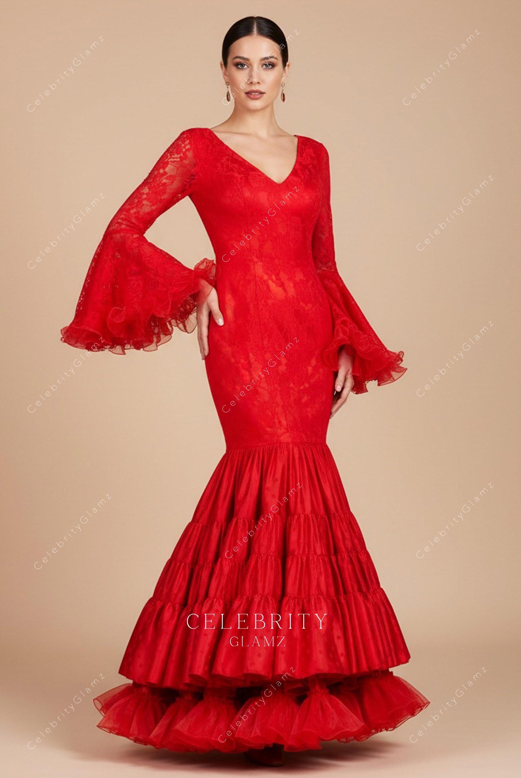 red lace plunging neck trumpet formal gown