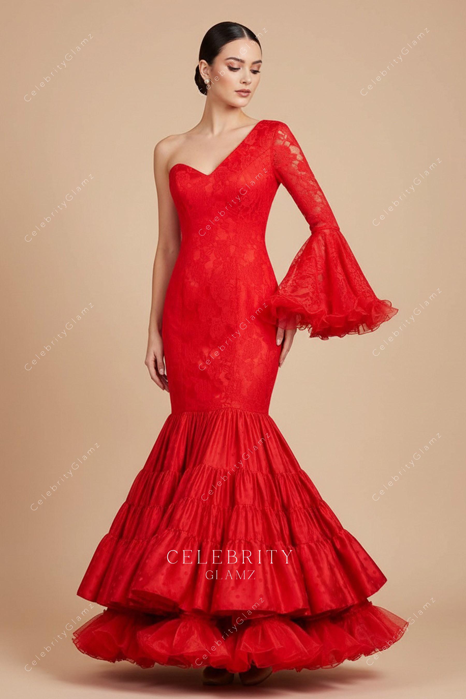 red lace trumpet formal gown