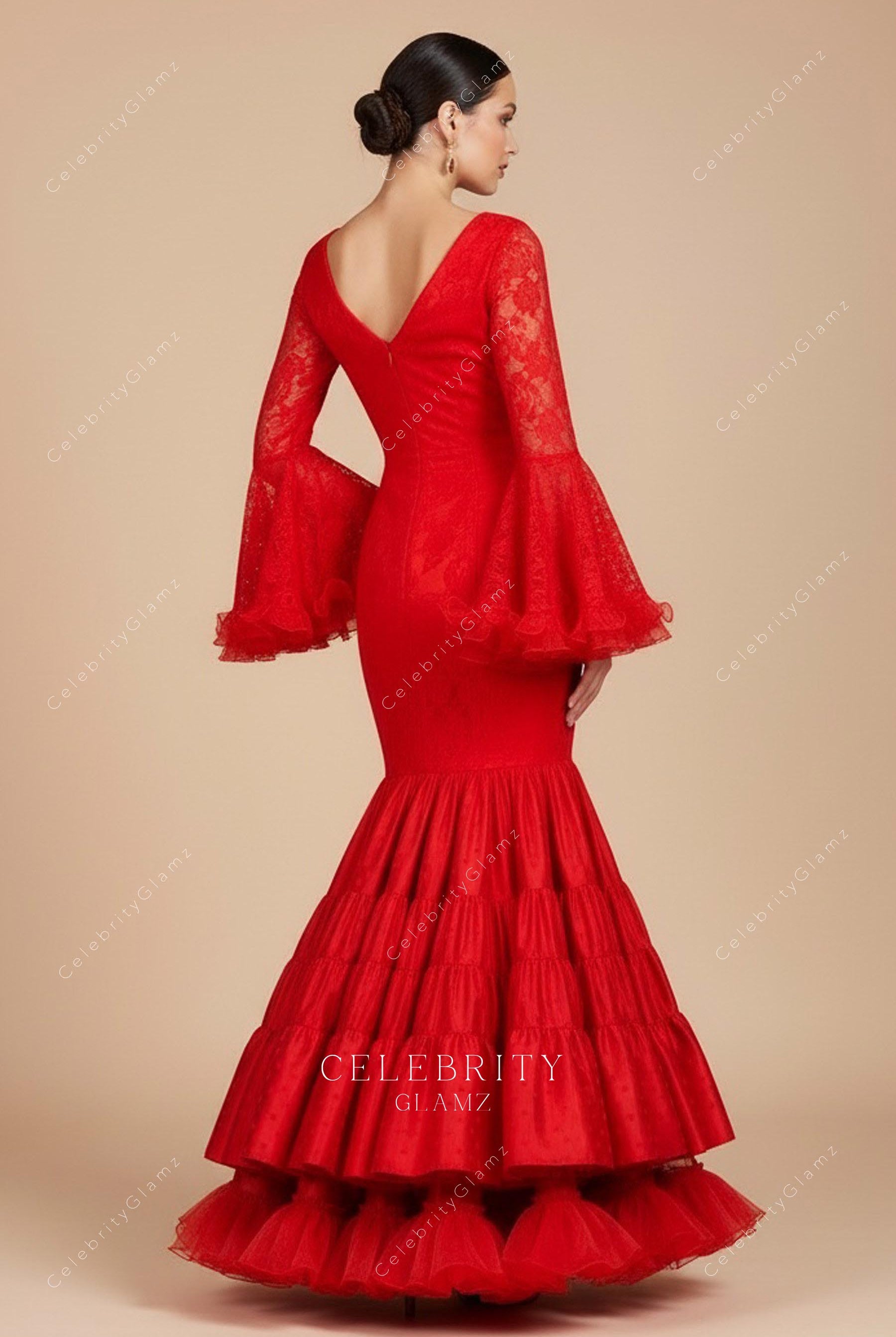 red lace v back trumpet formal gown