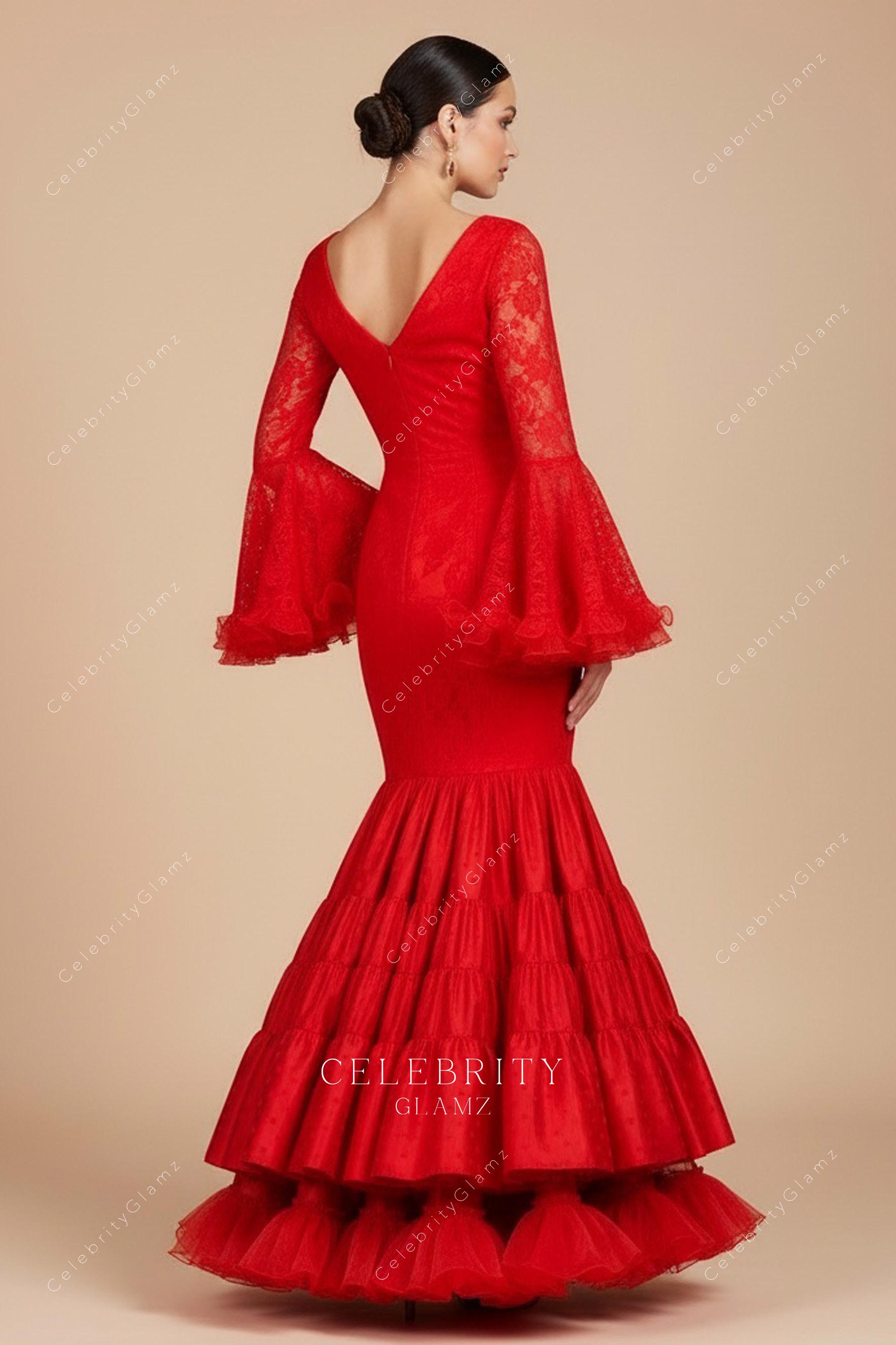 red lace v back trumpet formal gown