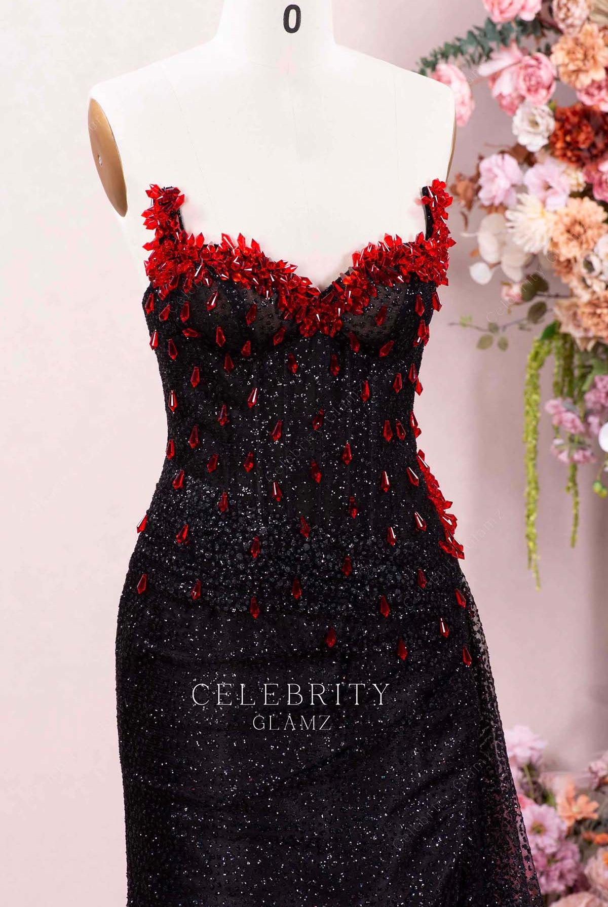 red rhinestones strapless prom dress