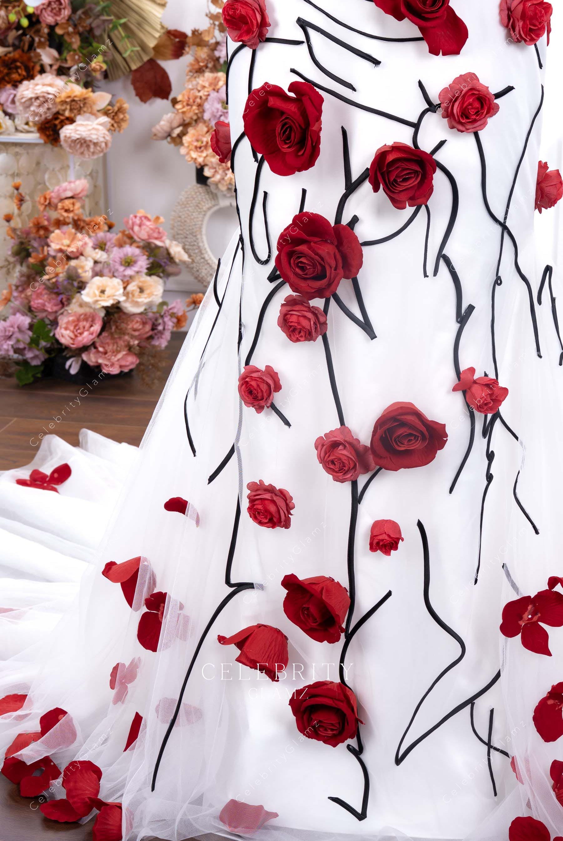 red rose lace wedding dress