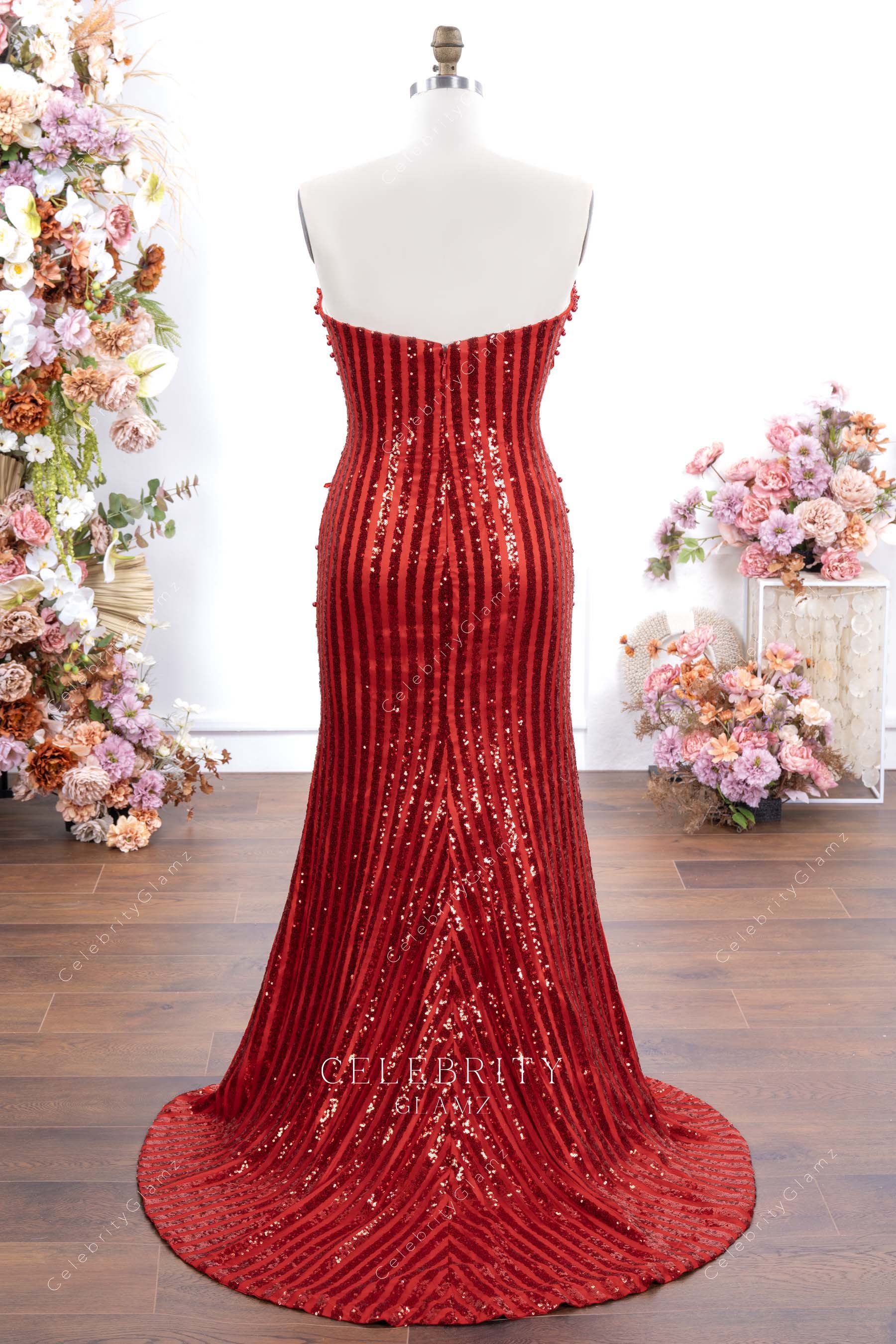 red sequin fit flare prom dress