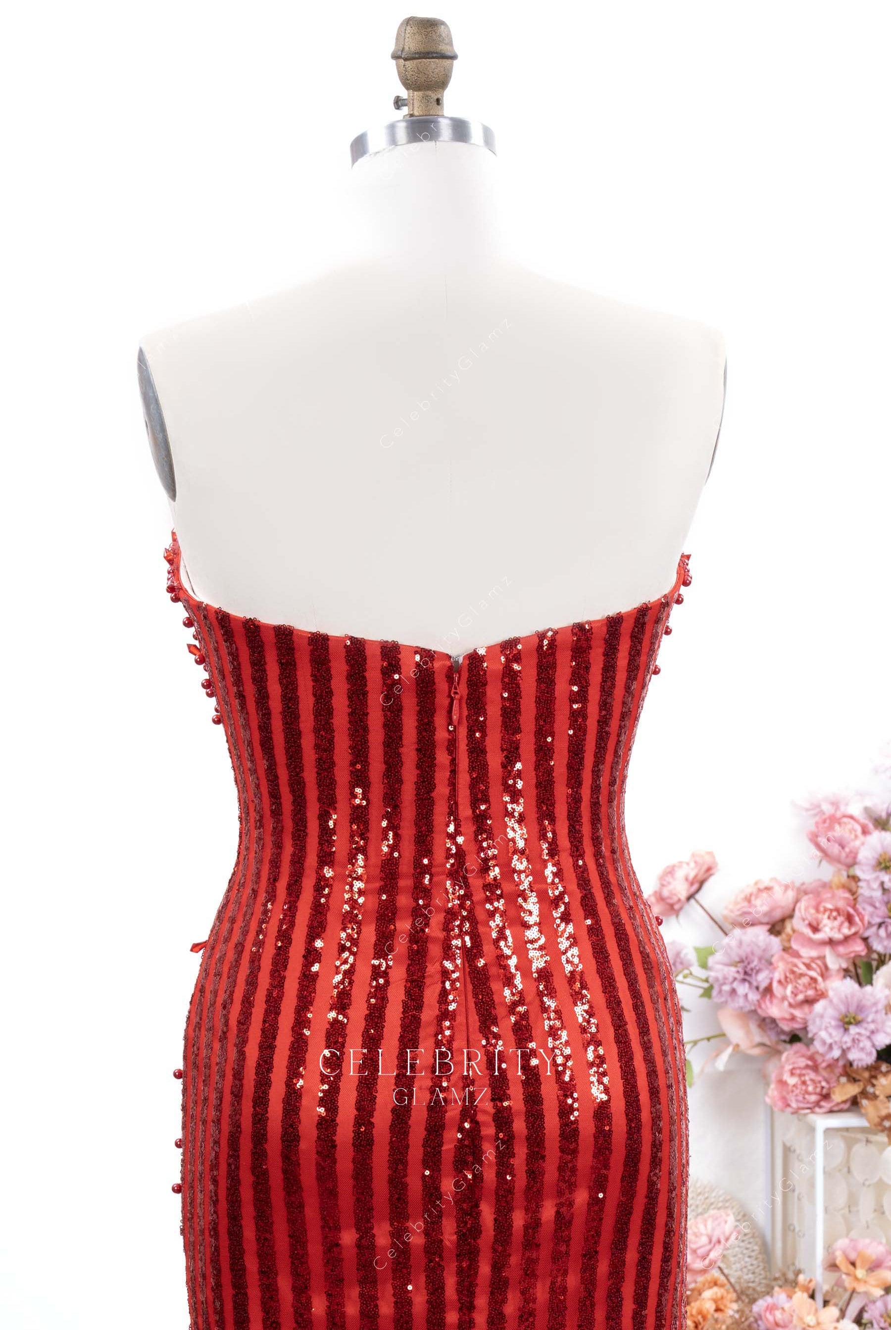 red sequin open back prom dress