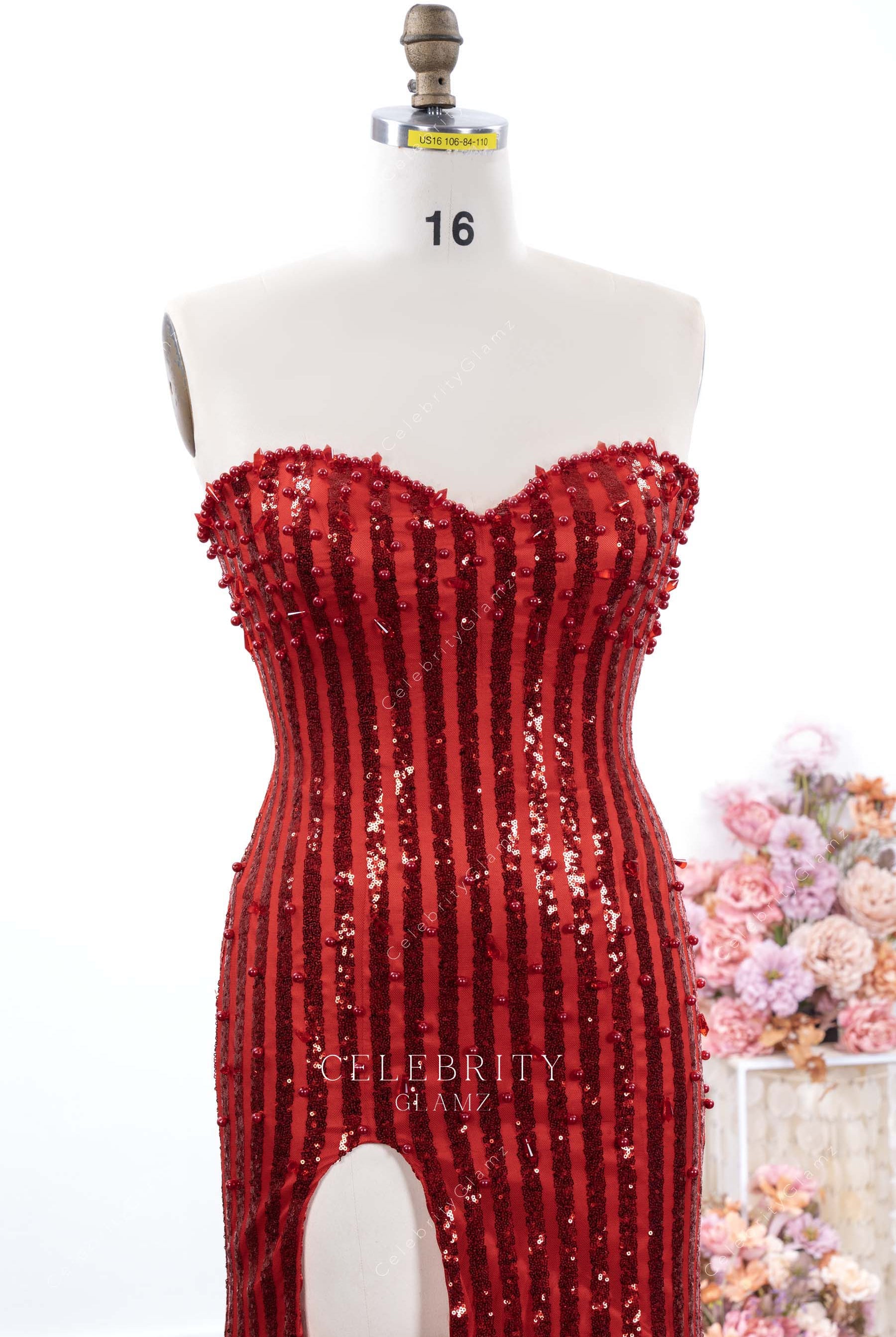 red sequin sweetheart neck prom dress