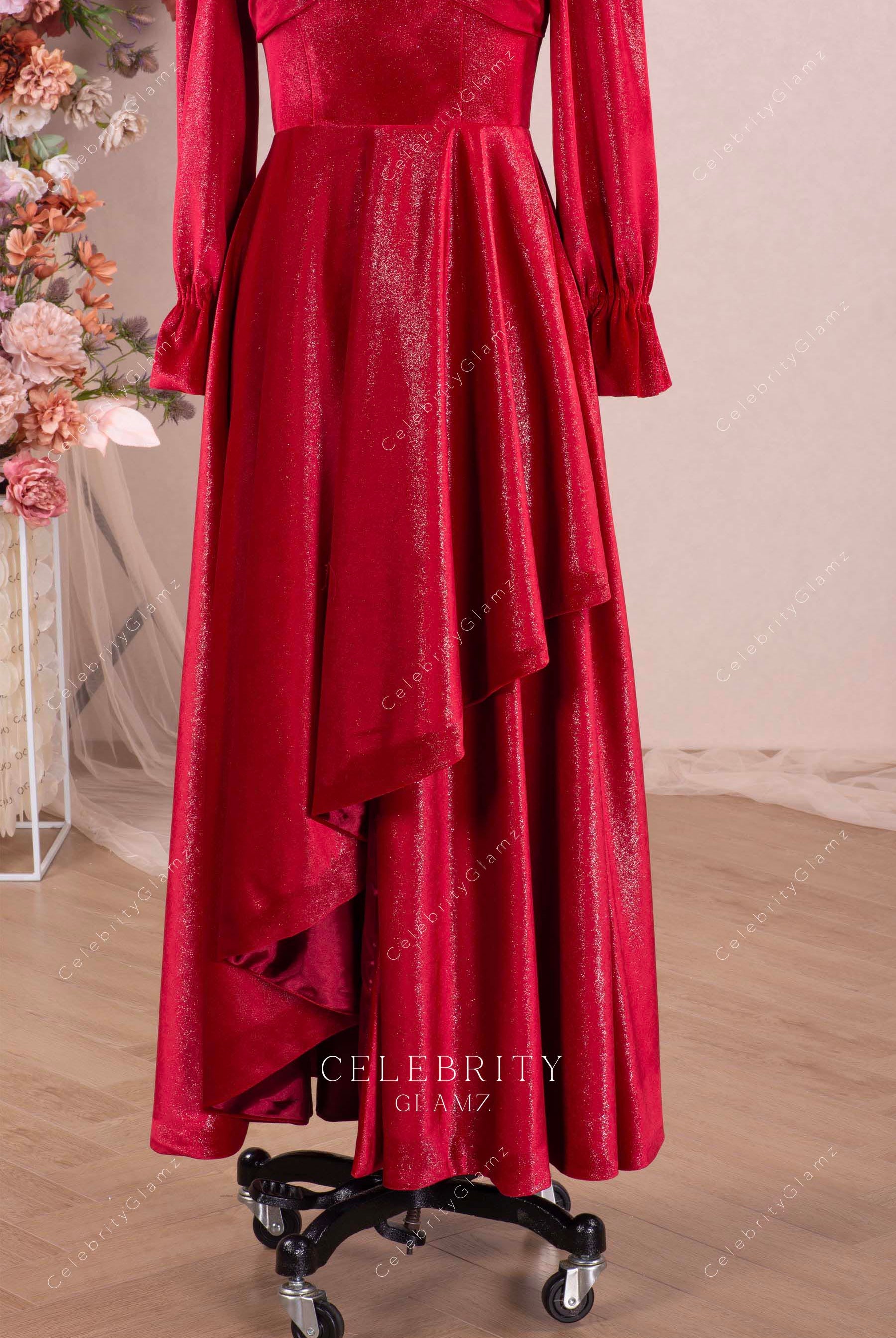 red shimmery ankle length prom dress