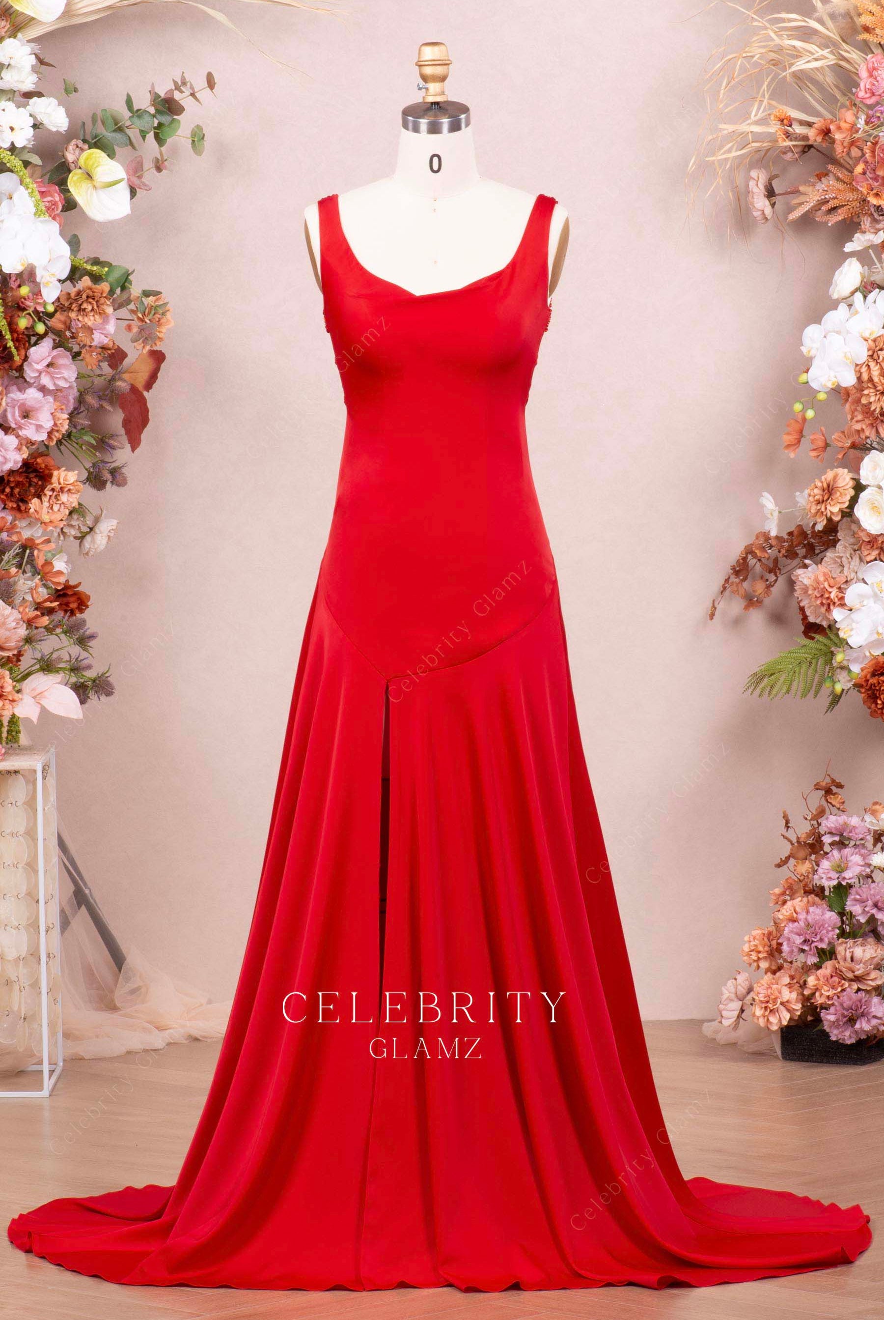 red sleeveless formal dress